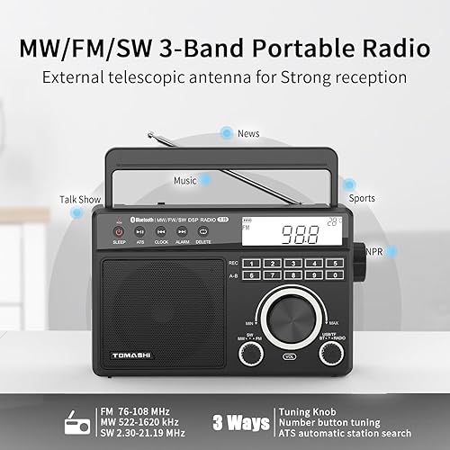 Miniatura 2 de Radio FM portátil de onda corta MW con Bluetooth, sintonización ATS, reloj y alarma, grabación, reproducción de MP3WMA a través de tarjeta USBSD,