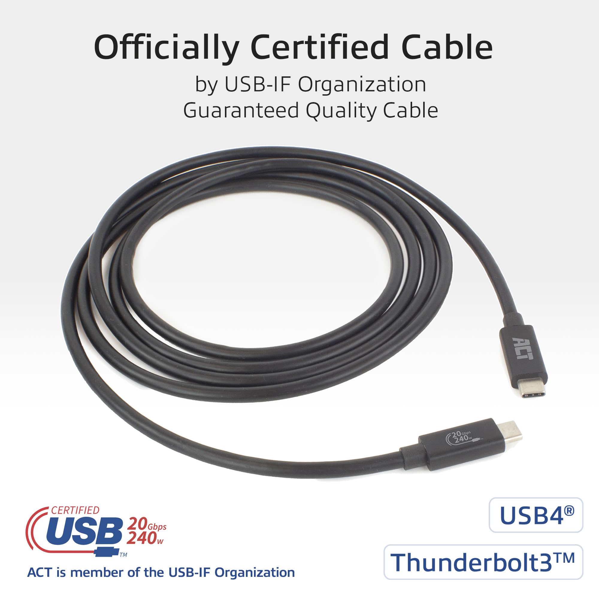 ACT Cavo USB 4 tipo C, cavo Thunderbolt 3, cavo video USB C da 20 Gbps, 4K@60Hz video per monitor, ricarica EPR 240 W, 2 metri, certificato USB-IF – AC7432