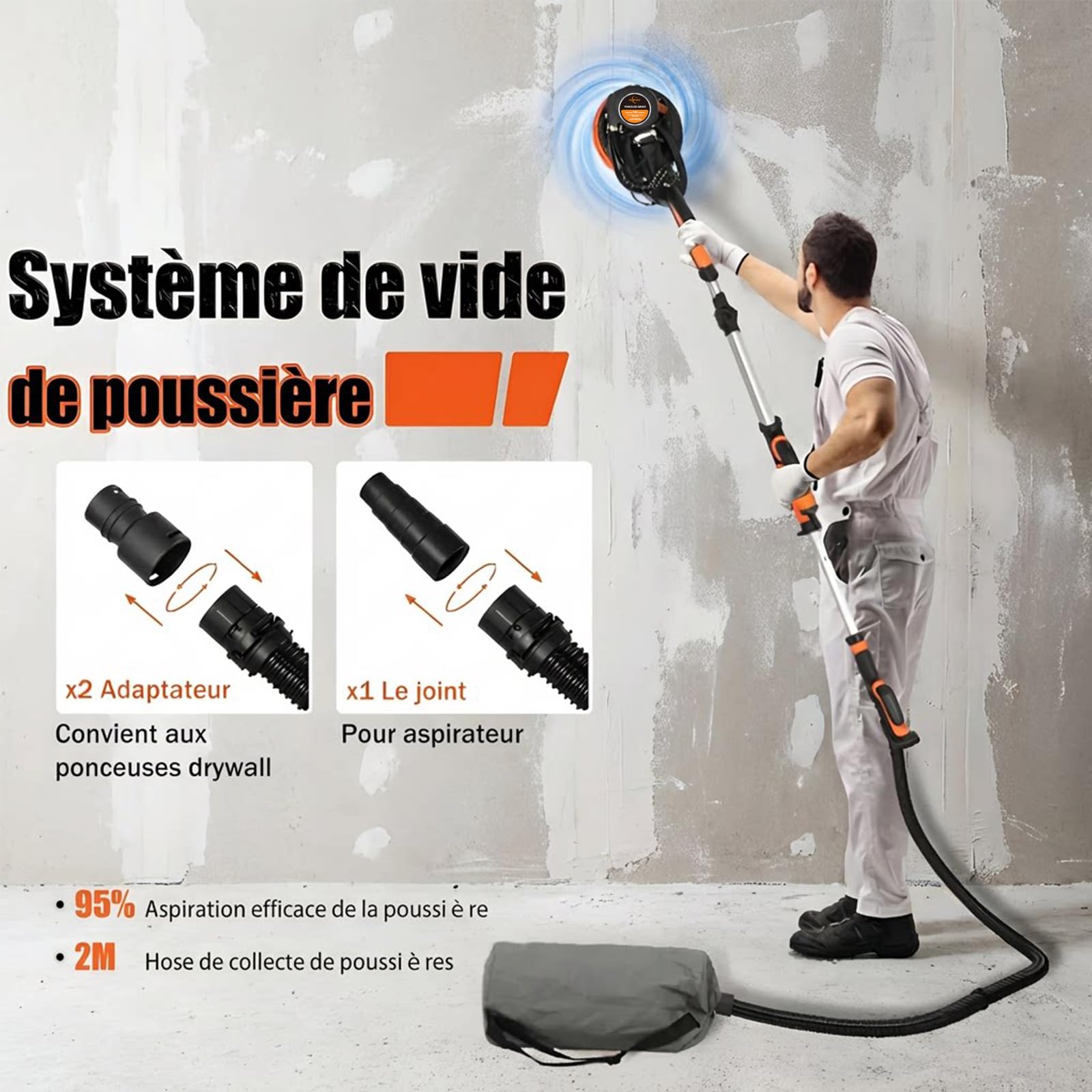 Ponceuse Girafe avec Système d'aspiration Automatique, 750W Professional Ponceuse Plaquiste, 7 vitesses(900-1800rpm),Ponceuse Murale Électrique Pliable, avec lumière LED