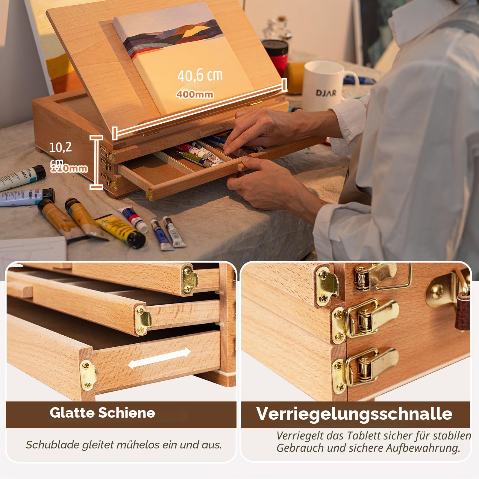 DJAR Tischstaffelei Holz mit 3 Schublade, Tisch-Skizzenbox aus Buchenholz, tragbare Künstler-Staffelei Tisch mit Aufbewahrungsbox für Erwachsene, Studenten, Teenager | Stabile Schreibtisch-Skizzenbox aus Buchenholz, für Erwachsene, Künstler und Studenten