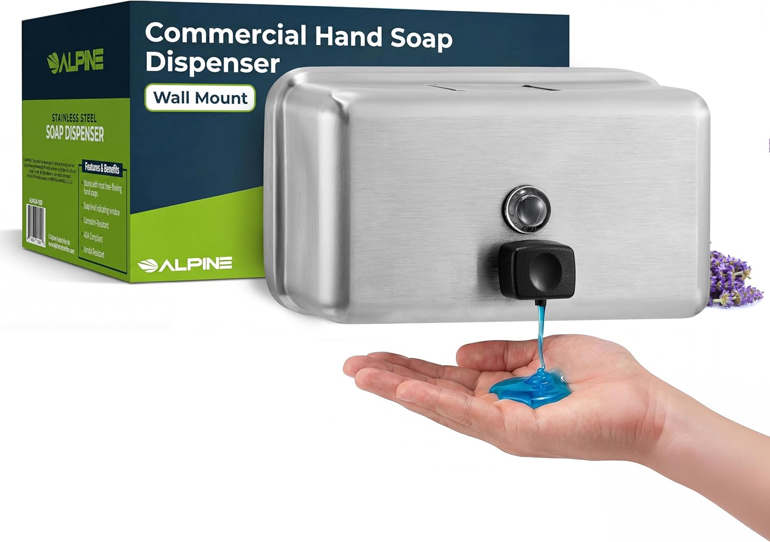 Alpine Commercial Wall-Mounted Soap Dispenser – Stainless Steel, Liquid, Manual Pump, ADA Compliant, 1200ml for High-Traffic Bathrooms (Horizontal)