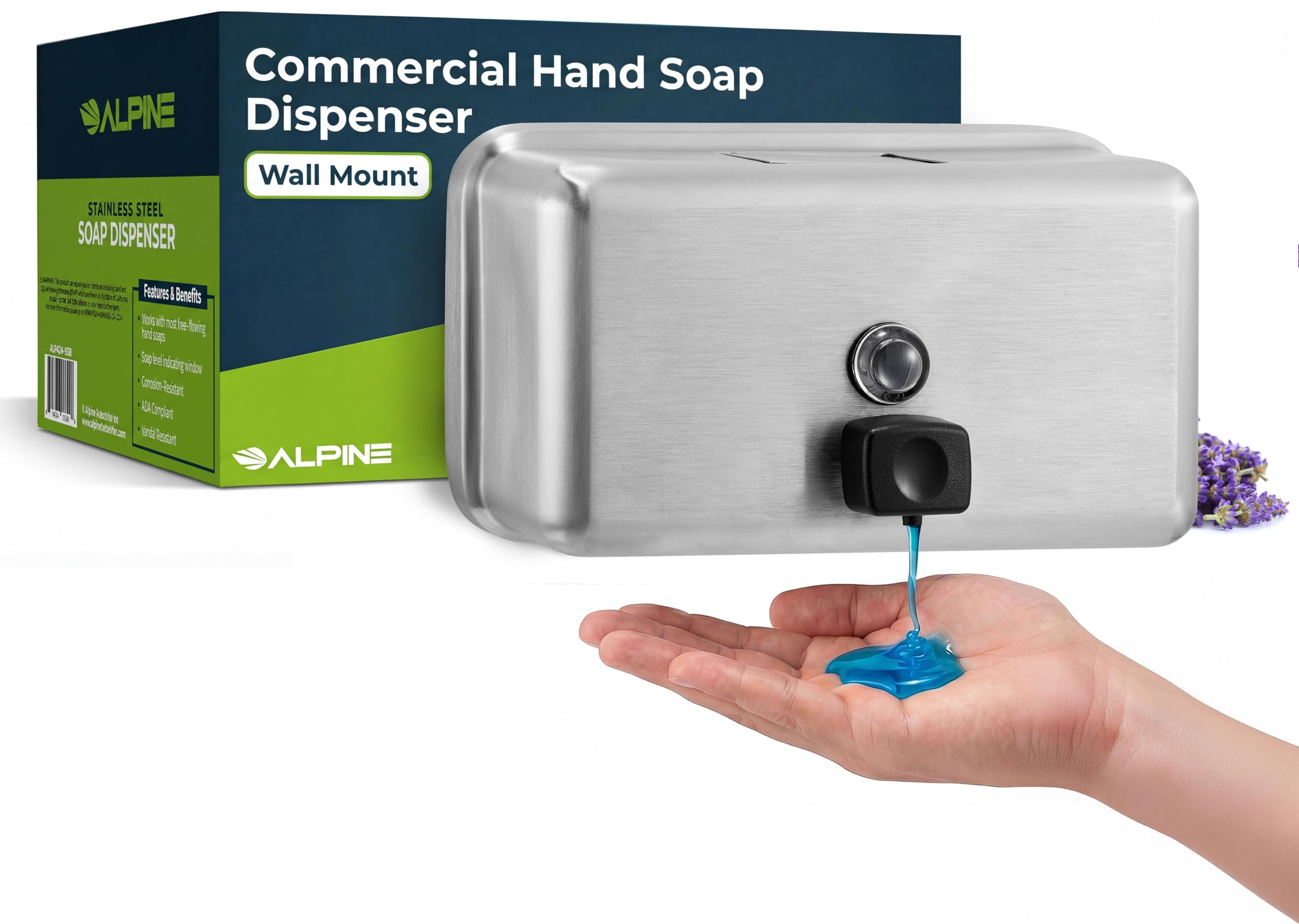 Alpine Dispensador de jabón líquido de acero inoxidable, montaje en superficie, 1,2 l de capacidad
