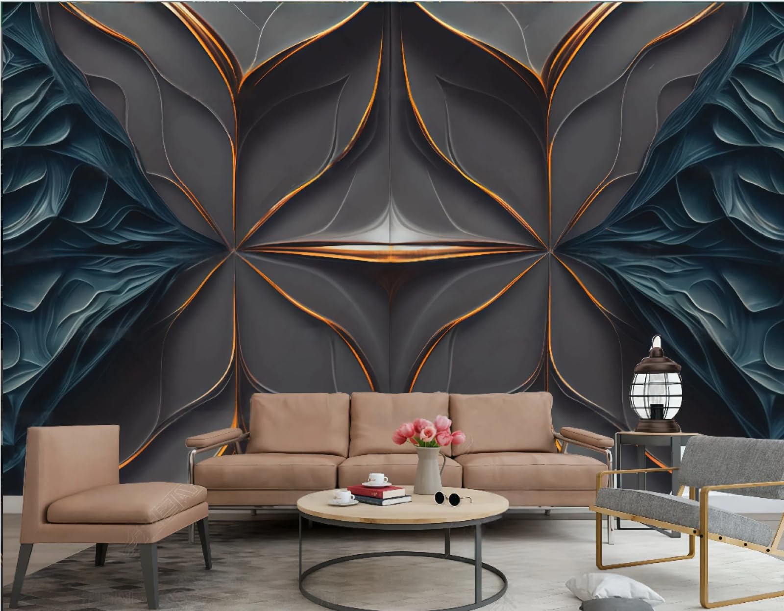Tapeta sztuka nowoczesna metalowa linia relief ciemnoniebieski wzór skały obraz TV sofa tło tapeta ścienna salon restauracja kawiarnia mural, 3D, 350 x 245 cm