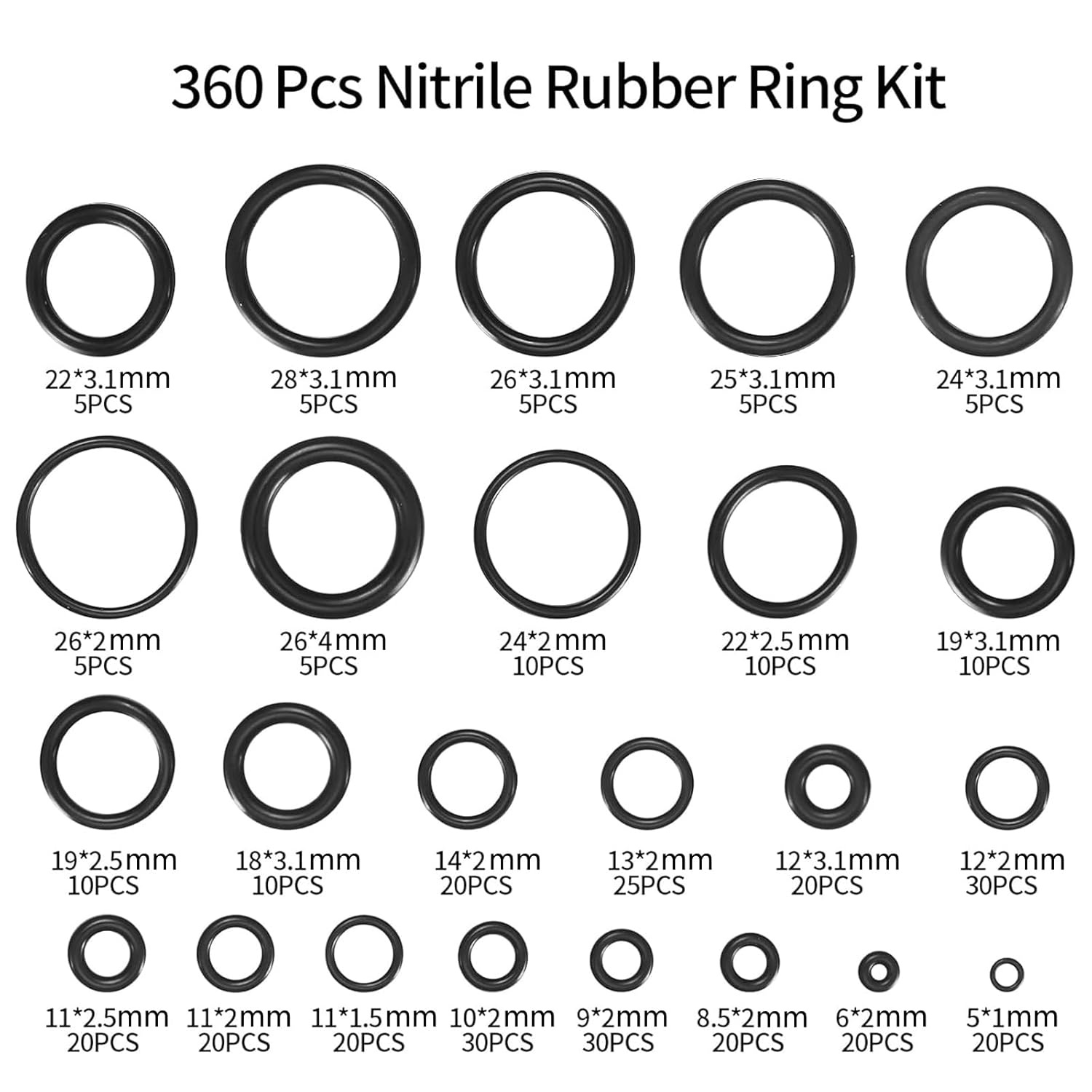 360 Pcs O Ring Assortment Kit,Rubber Washer Orings, Black 24 Sizes Pressure Washer O Ring Kit for Faucet, Hose, Automotive, Air Gas Plumbing Sealing Repair O Rings