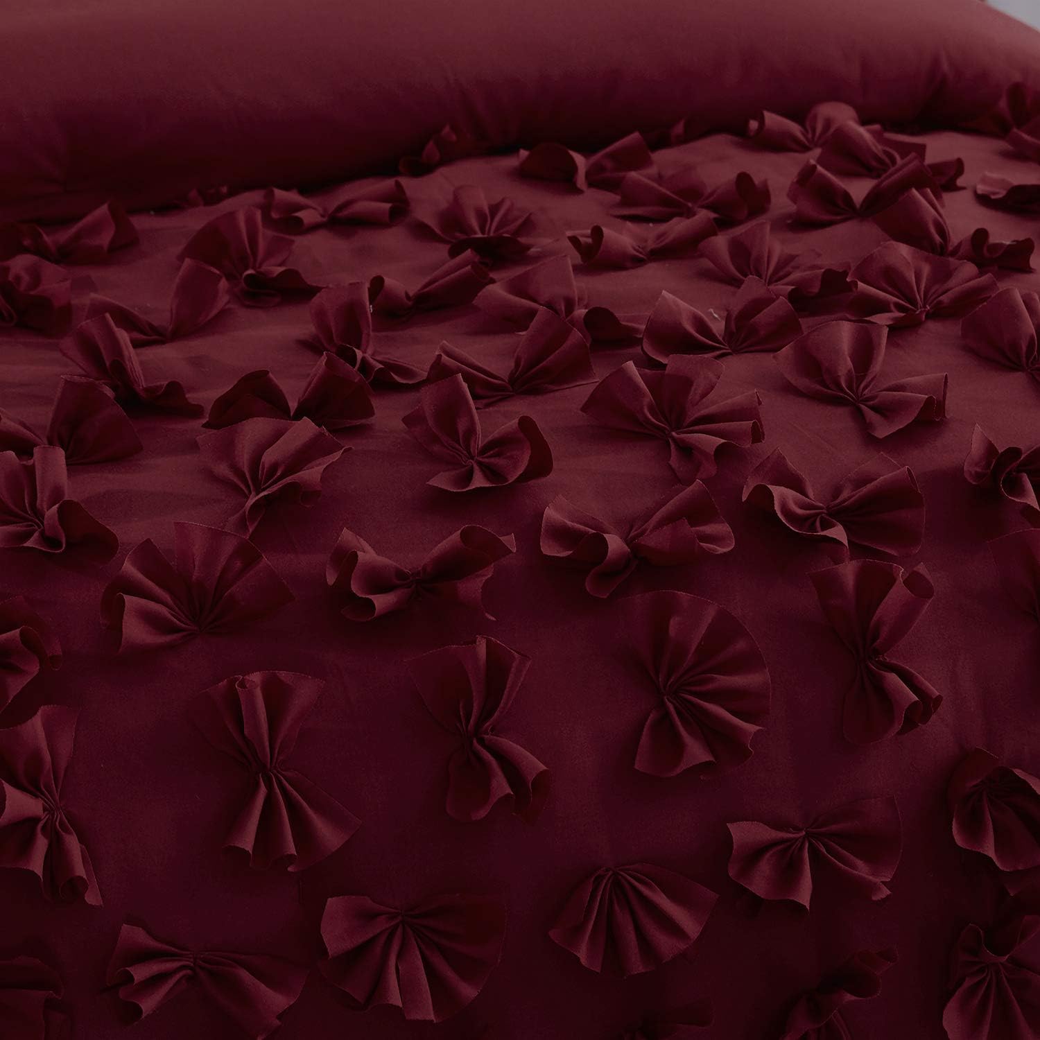 HIG 3 Piece Comforter Set King-Burgundy Microfiber One Hundred Butterfly Flower Applique -Enfield Bedding Collection King Size-Soft, Fade Resistant-1 Comforter,2 Standard Shams