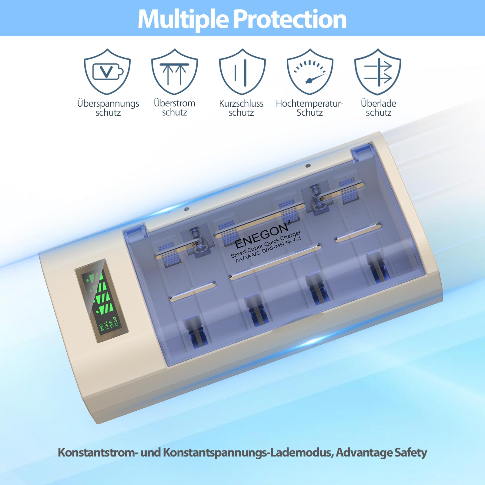 ENEGON Batterie Ladegerät–Universal Akku Ladegerät & Battery Charger für AA/AAA/C/D/9V NiMH/NiCD wiederaufladbare Batterien –mit LCD Display, Entladefunktion und 4 Ladeschächten(Kein Adapter)