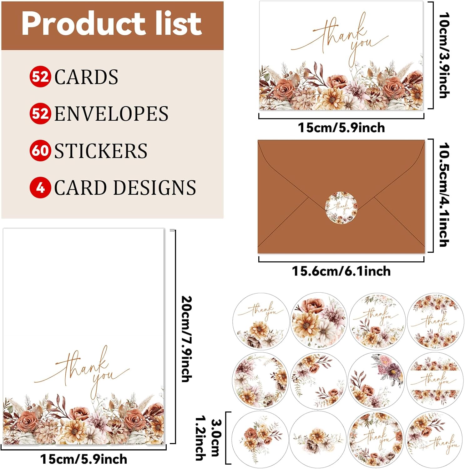 52 Pack Fall Thank You Cards with Envelopes Stickers Autumn Floral Greeting Gift Fall Wildflower Blank Note Card Thanksgiving Theme Party Favor for Wedding Bridal Baby Shower Birthday Supplies 4x6inch