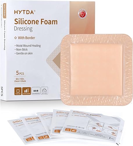Apósito de espuma de silicona con borde, 6 x 6 pulgadas (5 piezas) apósito de espuma adhesiva suave para el cuidado de heridas, impermeable,
