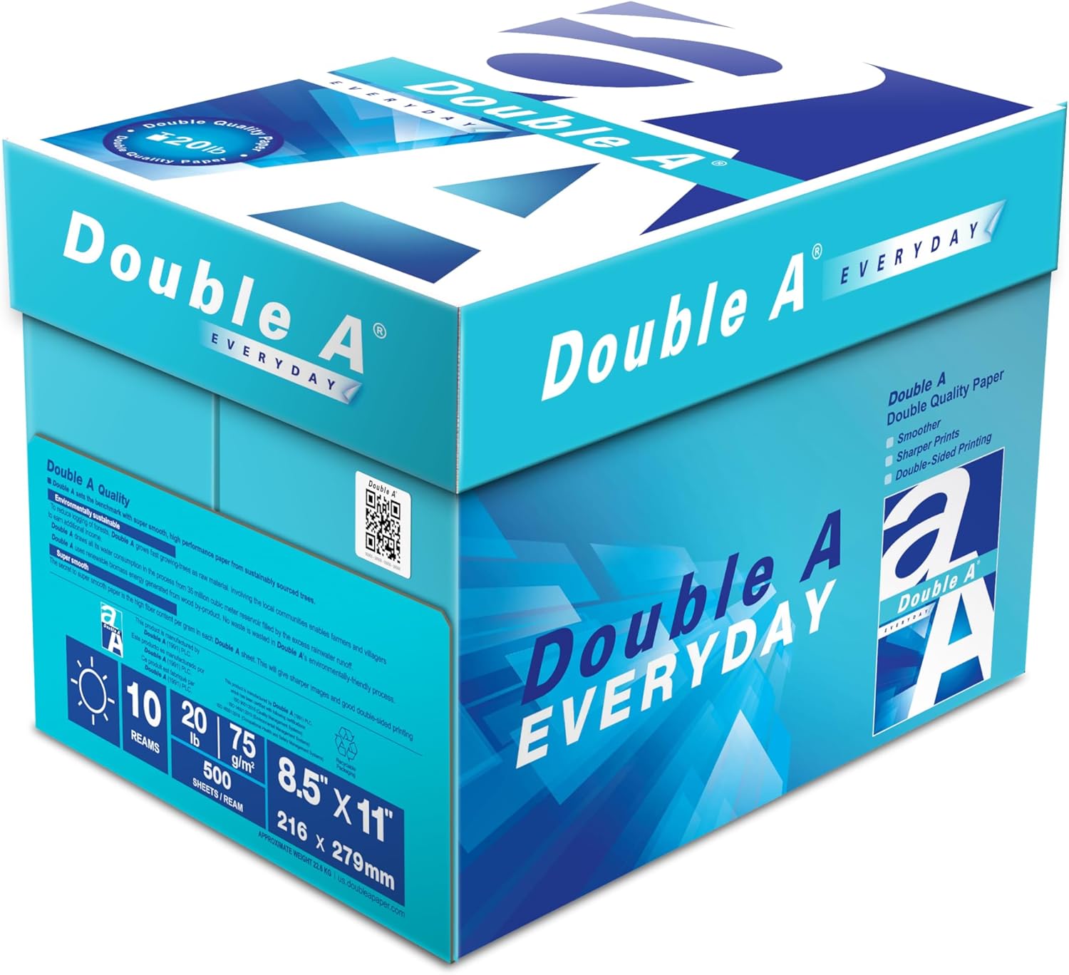Double A Everyday Copy & Multipurpose Paper, Letter Size 8.5" x 11", Bright White, Smooth Finish for Inkjet & Laser Printers, Acid‑Free, High‑Quality Color & Black/White Printing