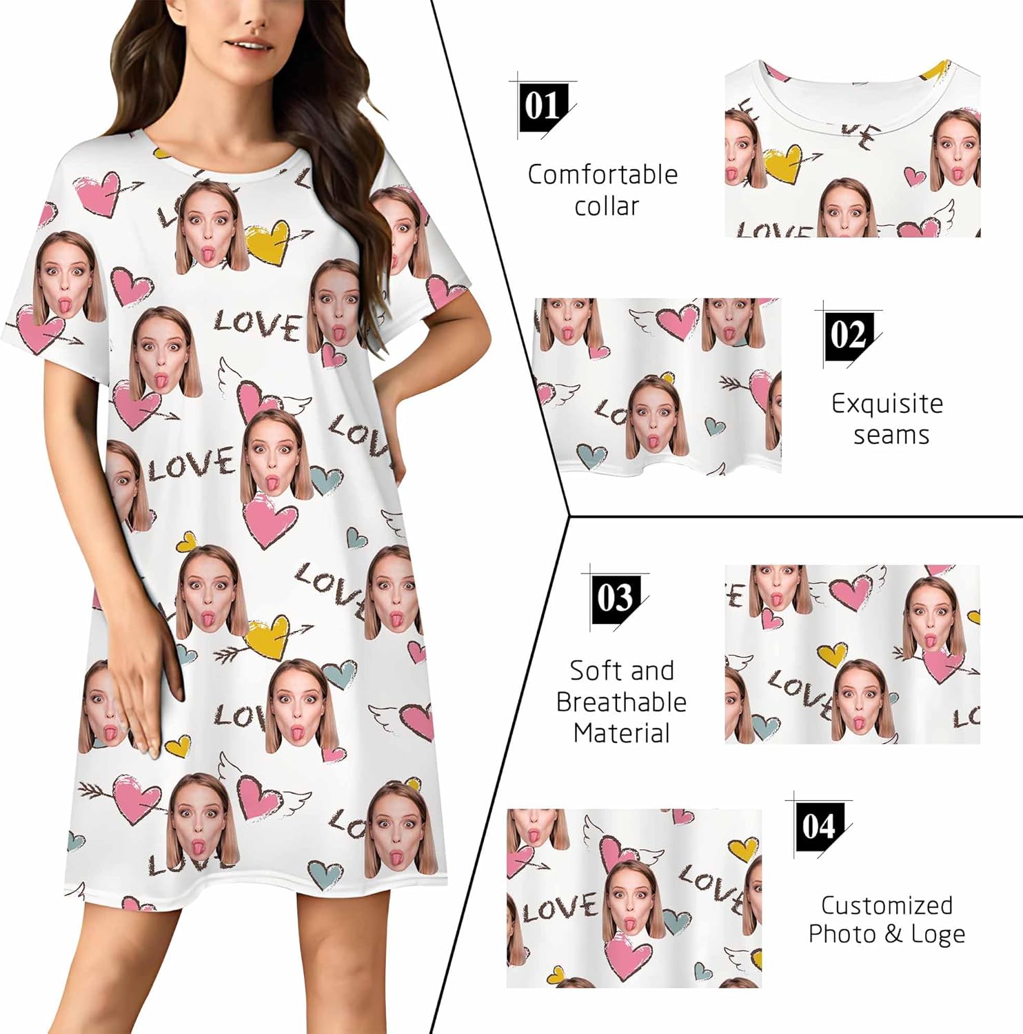 M YESCUSTOM Custom Funny Moo Moos Nightgown for Women Personalized Face Pajama Dress Loungewear Sleepwear Gown Sleepshirt - Image 2