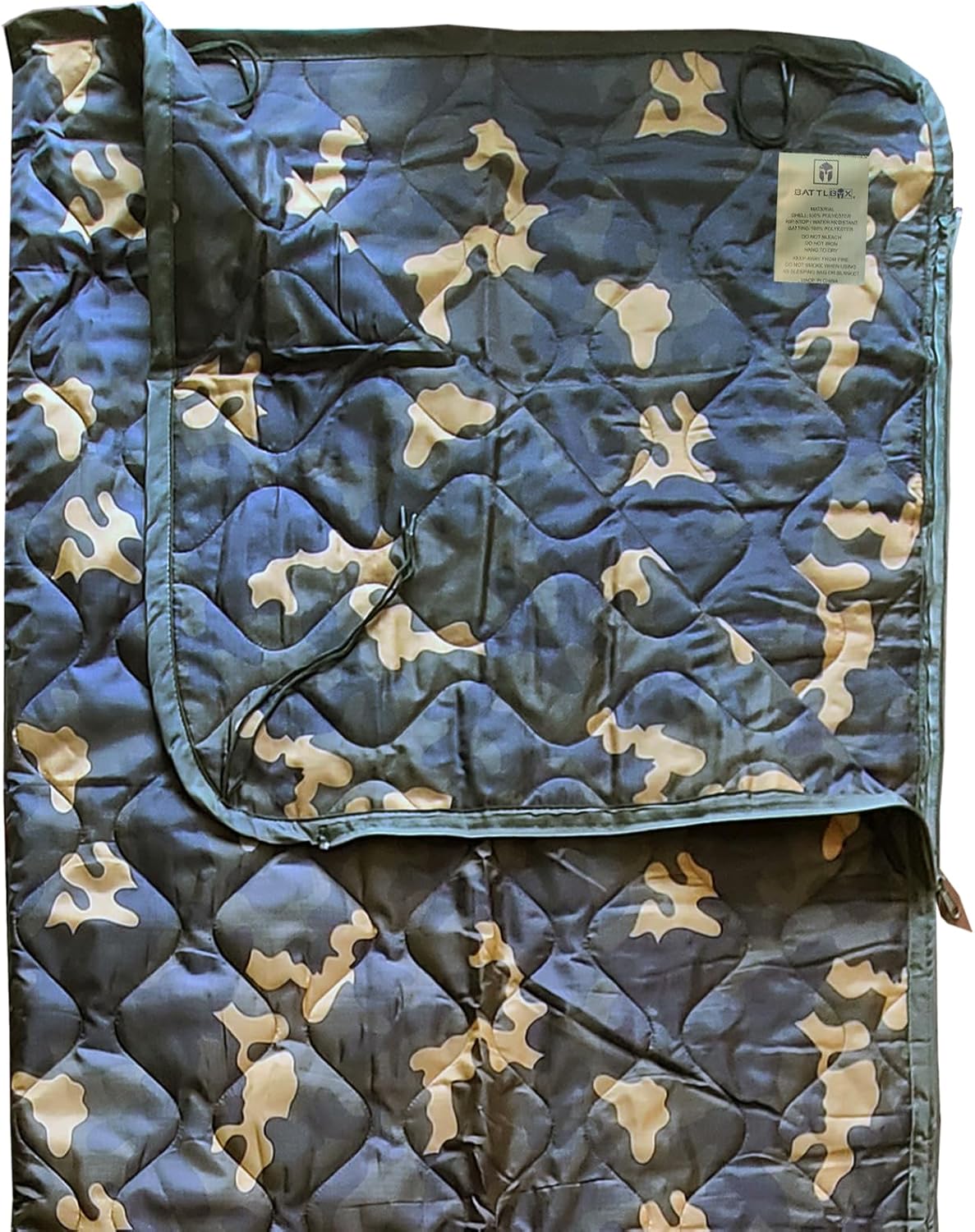 BATTLBOX Woodlands Camo Woobie Bubbie Military Style Poncho Liner and Sleeping Bag (with Zipper) and Tie Down Straps