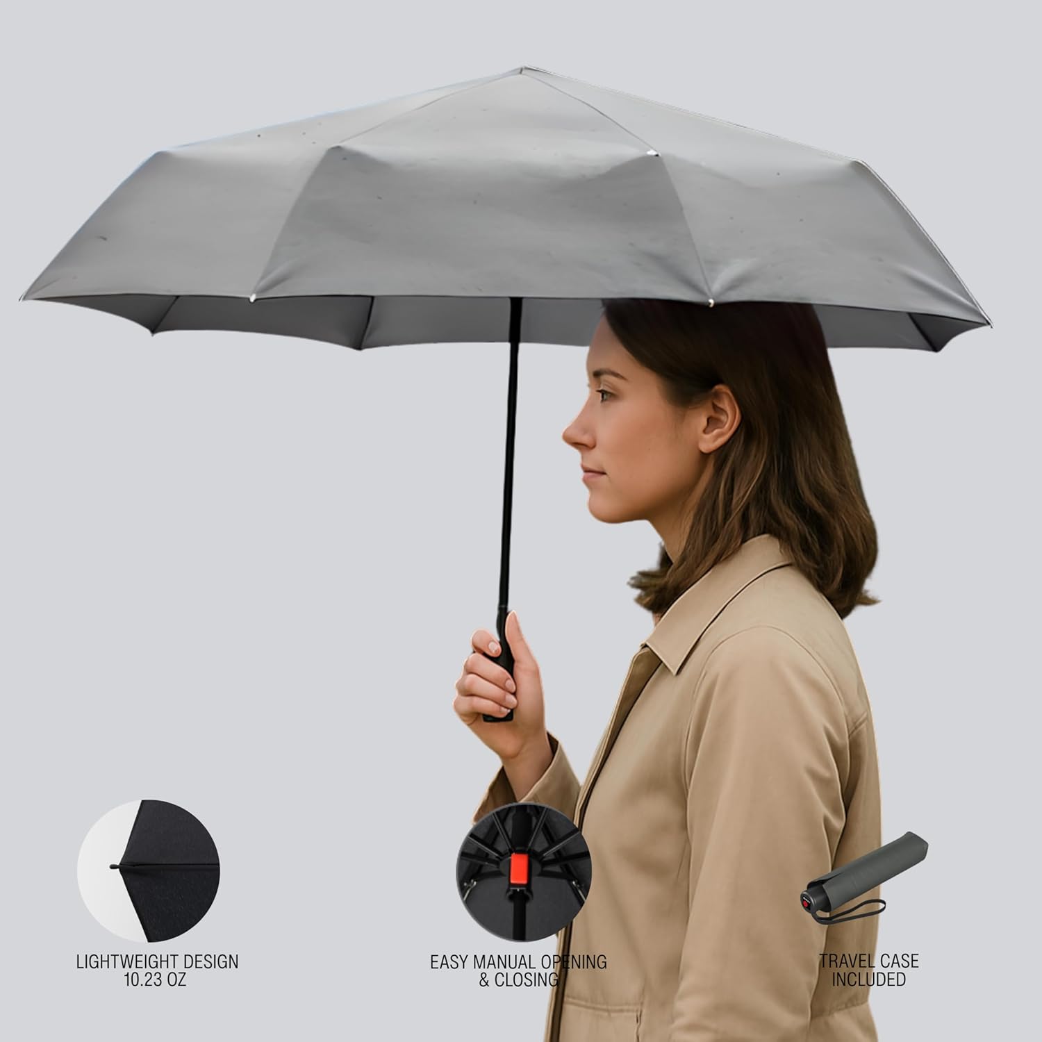 Knirps A.050 Dark Grey Manual Open Close Travel Rain Umbrella for Adults – Ultra Lightweight, Compact Windproof 38.5" Water Resistant Canopy, Steel Aluminum Frame, Travel Case Included - Image 4