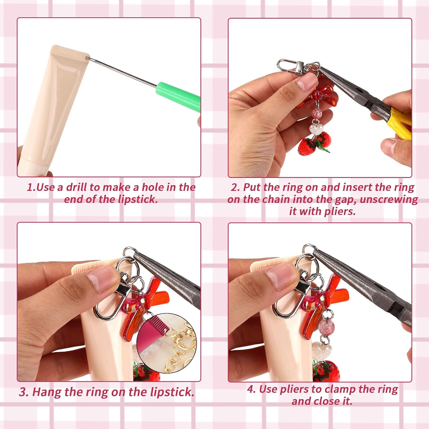 Lip Gloss Charms Keychain Making Kit, Diy Cute Balm with Pliers Thread Pick Ring Purse Bag Charm Jewelry for Women
