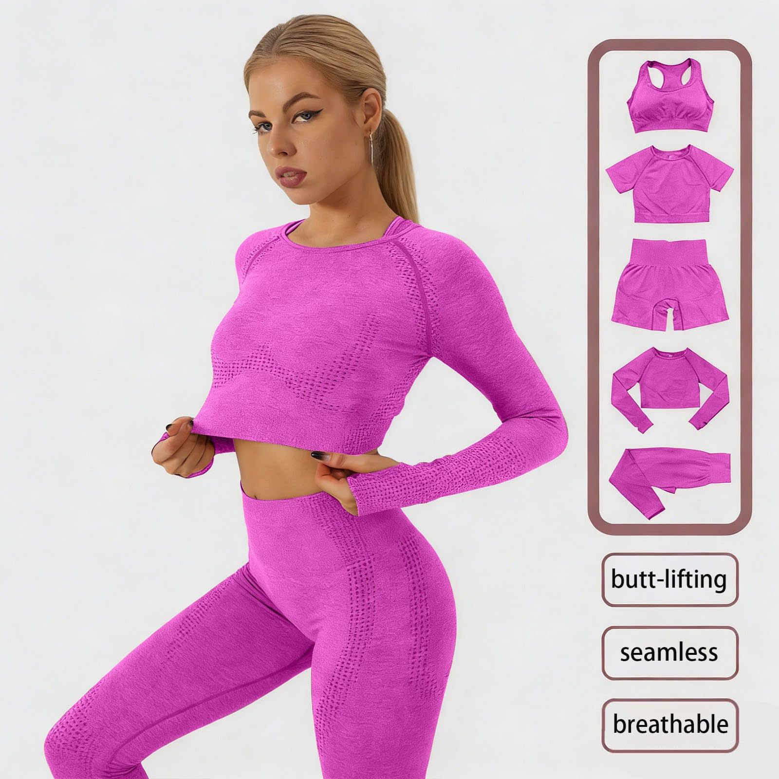 Set da yoga da donna, 5 pezzi, con tessuto elasticizzato senza cuciture, traspirante, per fitness, pilates e allenamenti rilassati, leggings a vita alta, reggiseno sportivo, pantaloncini