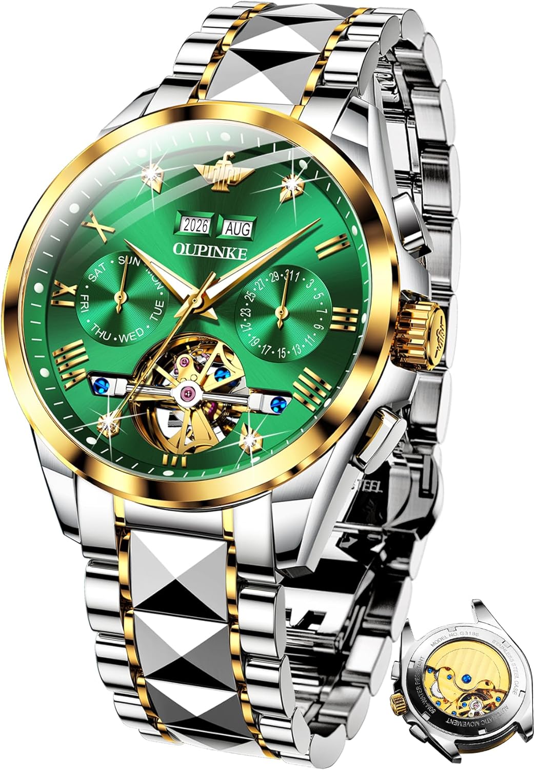 OUPINKE Mens Automatic Watch Diamond Skeleton Mechanical Self Winding Luxury Dress Wrist Watch Sapphire Crystal Tungsten