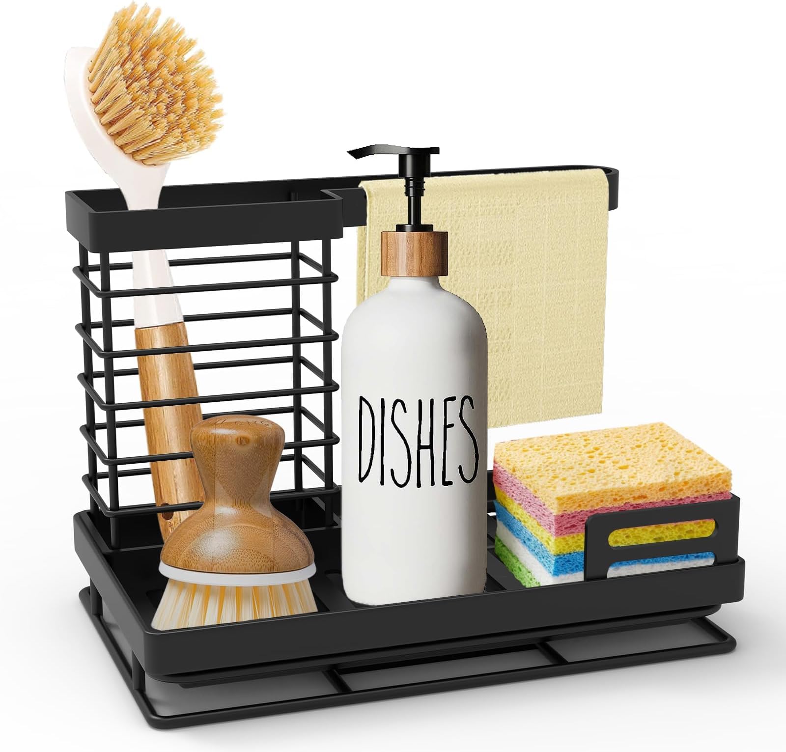 Sink Caddy, Kitchen Sink Organizer, Waterproof & Rustproof Sponge Holder with Drain Tray, Under-Sink Organizers for Dishcloth, Scrub Brush, Soap Bottle, Bathroom Countertop Storage