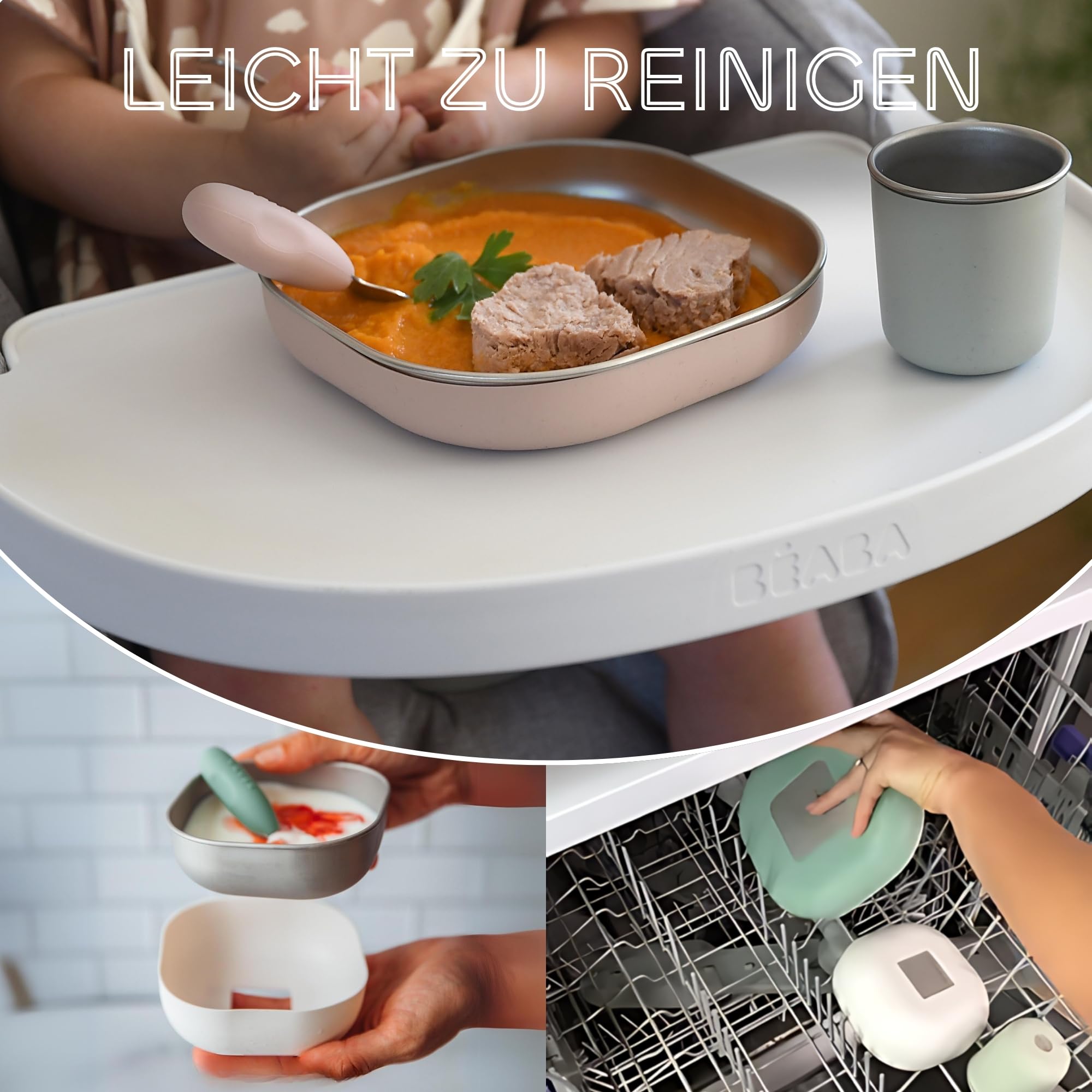 BÉABA Baby-Essensset Edelstahl 3-teilig – Glas + 2 Teller mit Silikonhülle, Mikrowellen- & Spülmaschinengeeignet, Leicht, Bruchsicher & Rutschfest – Farbe Barbapapa