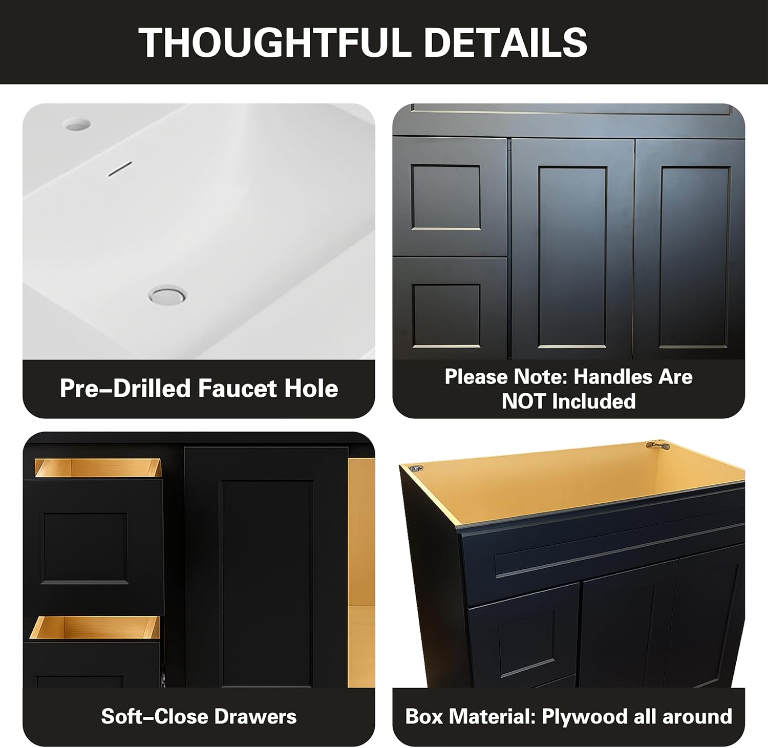 36" Black Shaker Bathroom Vanity with Sink – Solid Surface One-Piece Top, Soft-Close Doors, Polyurethane Nano Resin Sink, Pre-Drilled Faucet Hole, Modern Bath Vanity Cabinet Set