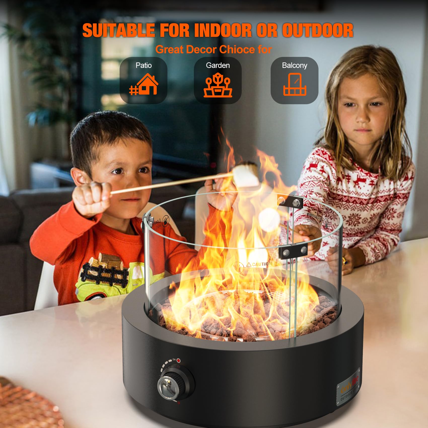 Onlyfire Braciere a gas da tavolo, riscaldatore per patio esterno con ingresso d'aria inferiore, rocce laviche e protezione antivento in vetro, braciere a propano per patio, cortile, ristorante