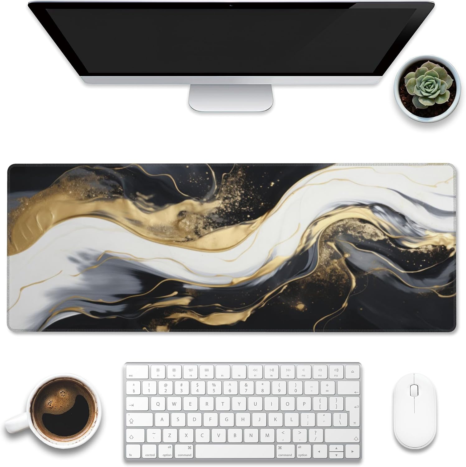 Desk Pad, Black White Ink Liquid Marble Desk Mat, Gold Abstract Marble Large Gaming Mouse Pad with Non-Slip Base and Stitched Edge, 31.5"x11.8"