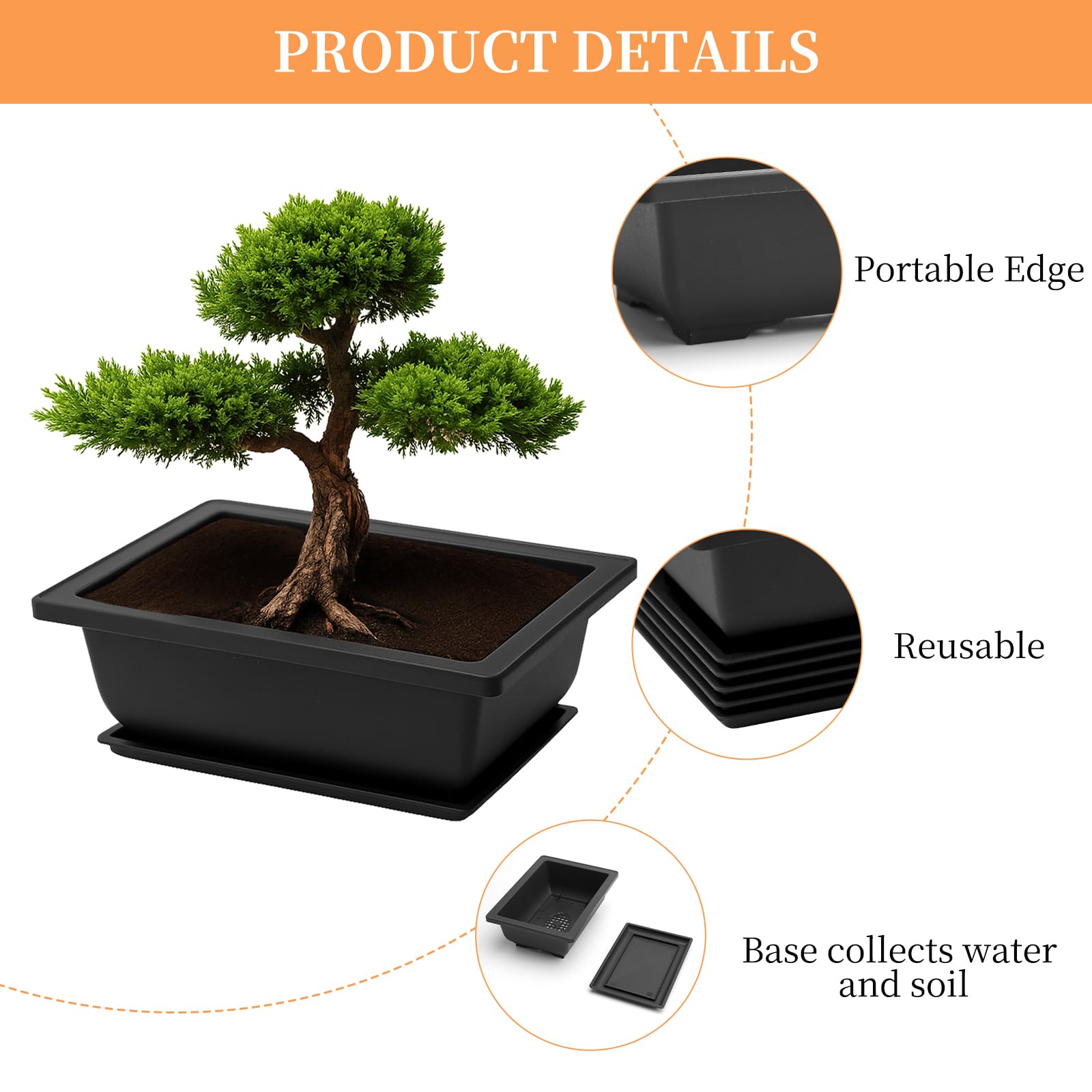 APOMOONS 6 misek bonsai z podstawką i małym zestawem narzędzi ogrodowych, 16,5 x 12 x 6 cm, donica bonsai, wielokrotnego użytku, donica na rośliny, do ogrodu, biura, salonu, na balkon