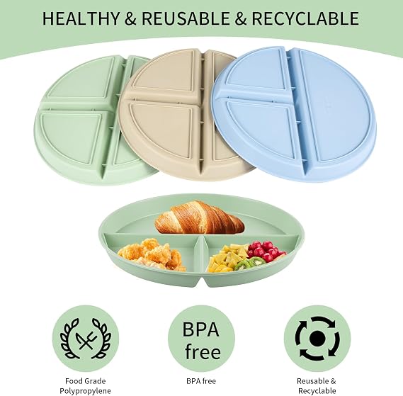 3pcs Divided Dinner Plates, Portion Control Divided Plates, 8.85 Unbreakable Divided Plates Compartment Plates, Divided Diet Plates Tray Reusable Dishes for Adult, Microwave Safe