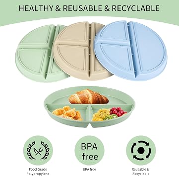 3pcs Divided Dinner Plates, Portion Control Divided Plates, 8.85 Unbreakable Divided Plates Compartment Plates, Divided Diet Plates Tray Reusable Dishes for Adult, Microwave Safe