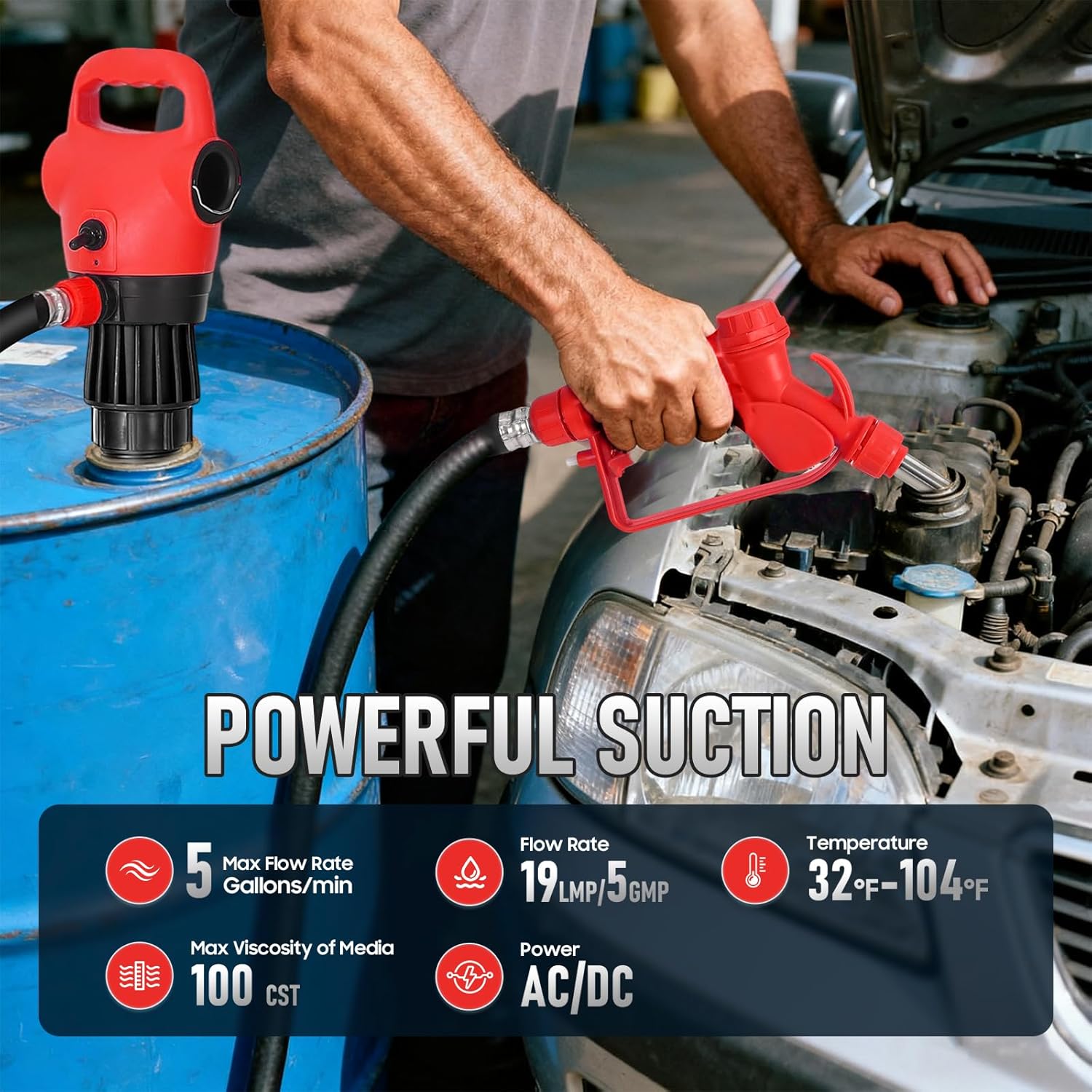 Electric Drum Pump with 120V AC/12V DC Power, 33.5''-49'' Telescopic Suction Tube Drum Barrel Pump with Swivel Nut Nozzle, 5 Gallons/mins Max Flow Rate, for DEF, Diesel, Water, etc., Red