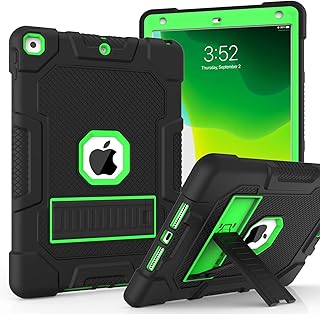 iPad 9th Generation Case, iPad 8th/7th Generation Case, iPad 10.2 2021/2020/2019 Case with Kickstand, Heavy Duty Shockproof Hard Hybrid Three Layer Protective Cover, Black+Green
