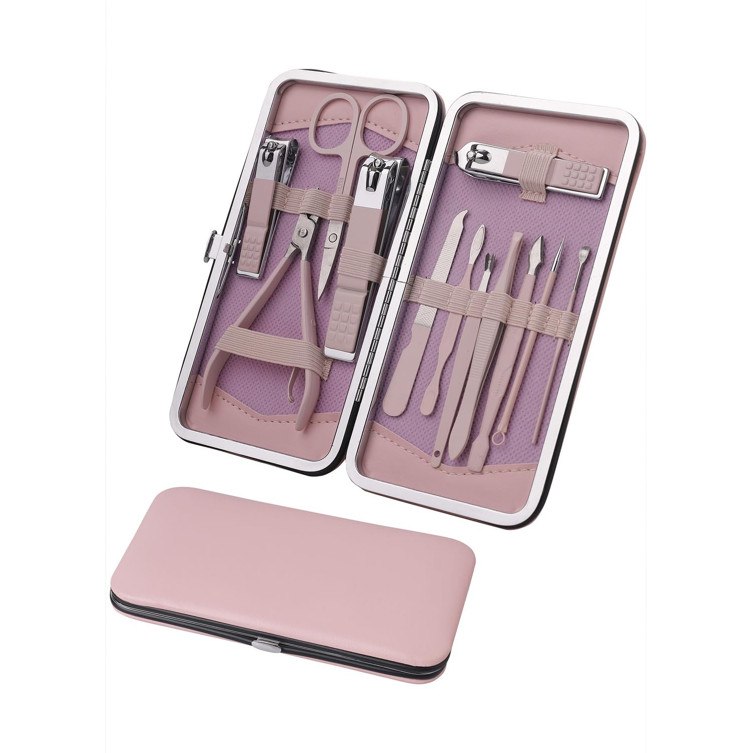 BUNGALOW BEAUTY - 12 PCS Stainless Steel Manicure Set | 1 Cuticle Nipper | 1 Cuticle Pick | 1 Cuticle Pusher | 1 Tweezer | 1 Double Pick | 1 Nail File | 1 Acne Needle | 1 Ear Cleaner | 1 Scissors | 3 Nail Clippers | Lead free | Cadmium Free | Free of Phthalates