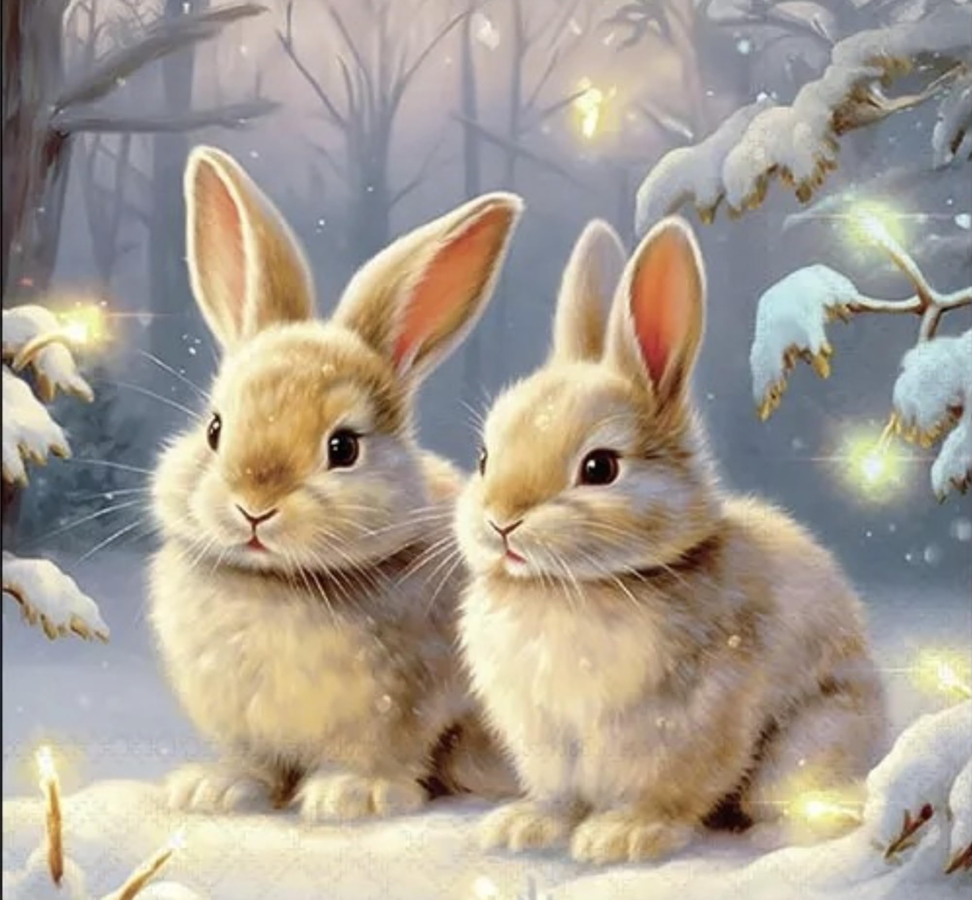 Set of 2 Individual Decoupage Paper Party Napkin Christmas Xmas Snow Bunnies Rabbits Watercolor Decor Luncheon Napkins for a Birthday Holiday, Wedding, Cocktail Party