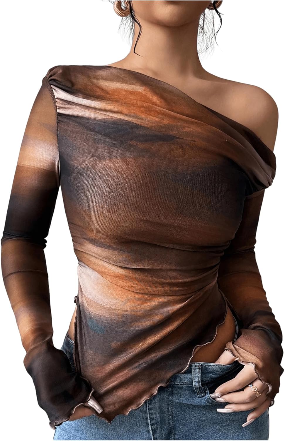 Women's Off Shoulder Tie Dye Mesh T Shirt Long Sleeve Asymmetrical Hem Ruched Fitted Tee Tops