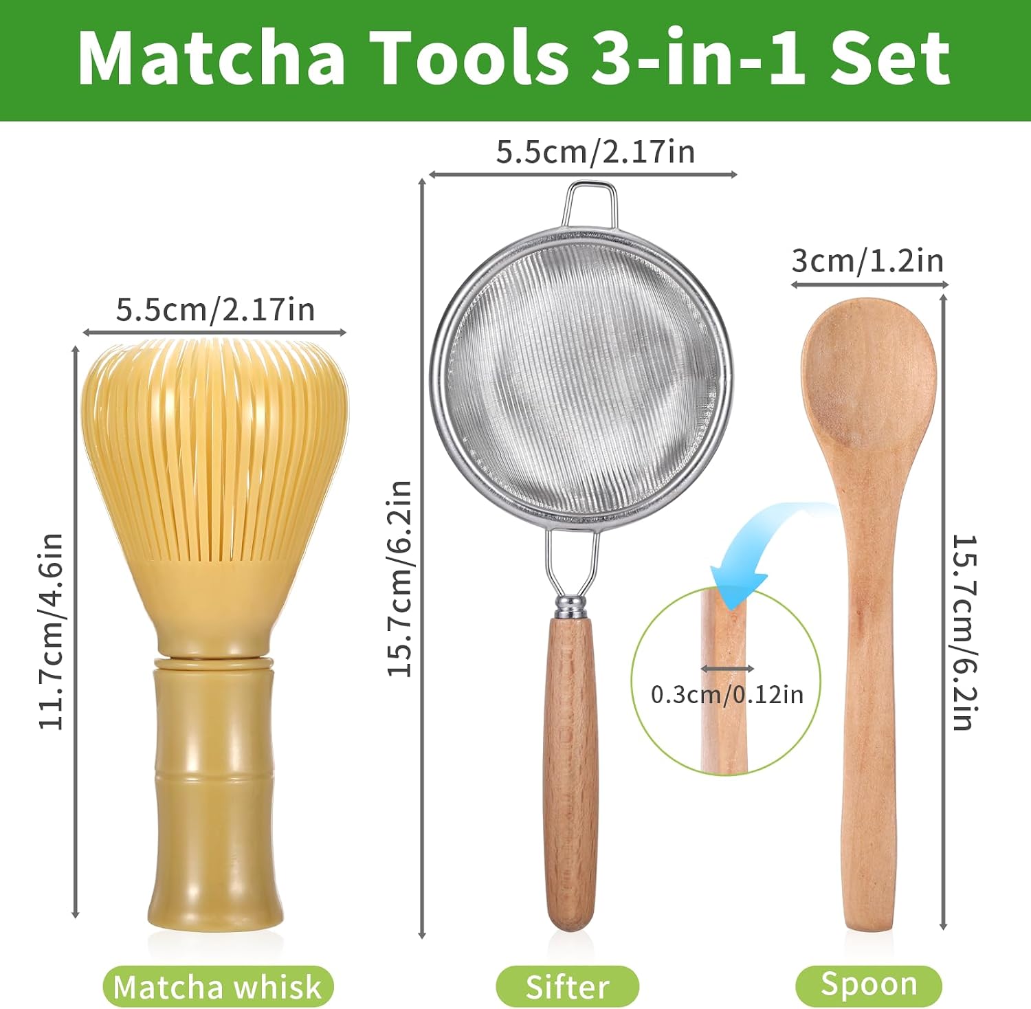 Matcha Whisk Tools Set, PP Resin Matcha Stirrer Green Tea Powder Preparation Prepare Japanese Tea, Includes 1 Whisk & 1 Sifter & 1 Spoon