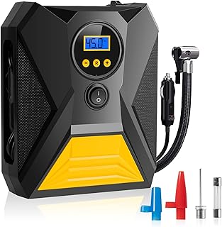 etship Car Tyre Inflator Air Compressor, Portable Car Tyre Pump 12V, Digital Inflator 120W & 150 PSI, LED Light Electric Tyre Pump with 3 Nozzles, Auto Shut Off, Suitable for Car, Bicycle, Motorcycle