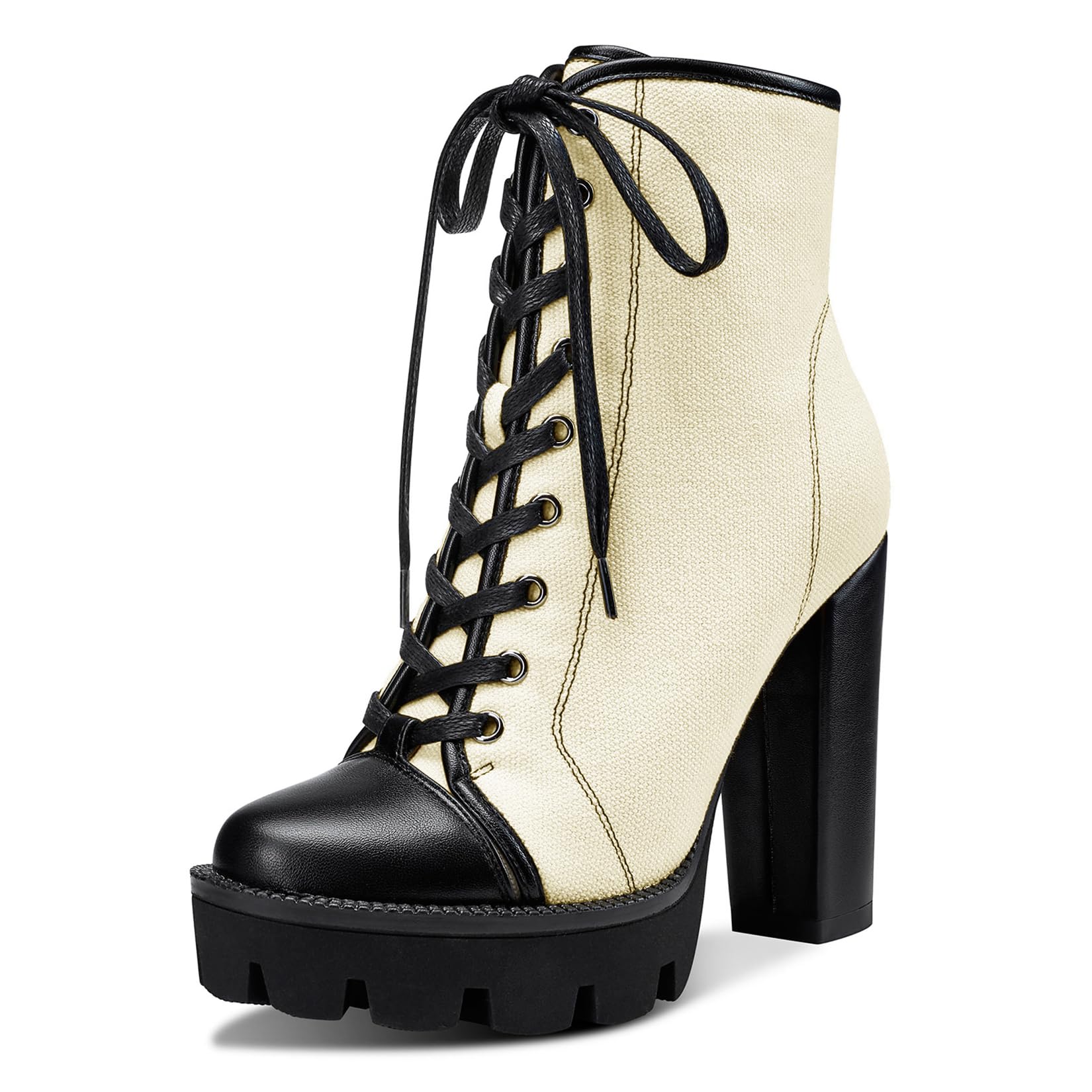 Castamere Womens High Heel Platform Lace Up Booties Chunky Heel Ankle Boots With Zipper Round Toe 12CM Heels: 6 Ivory White
