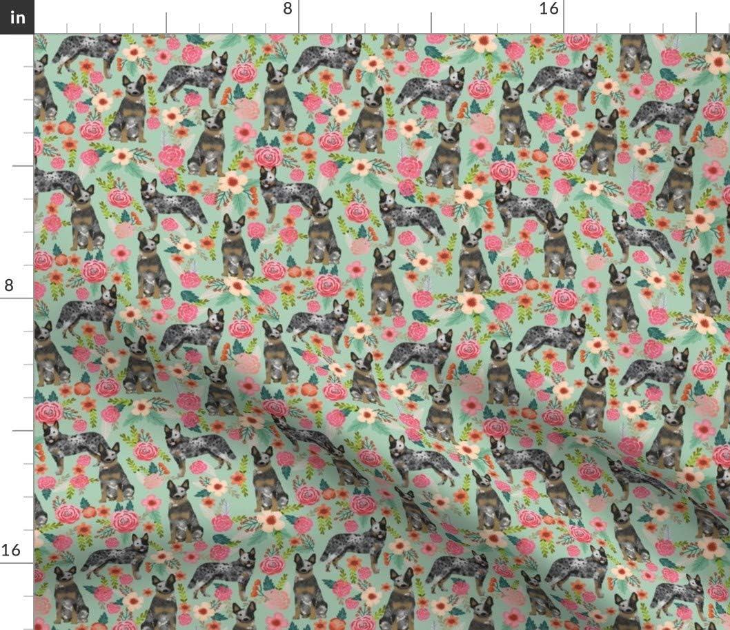 Spoonflower Fabric - Australian Cattle Dog Florals Mint Floral Breeds Blue Aussie Cute Printed on Petal Signature Cotton Fabric by The Yard - Sewing Quilting Apparel Crafts Decor