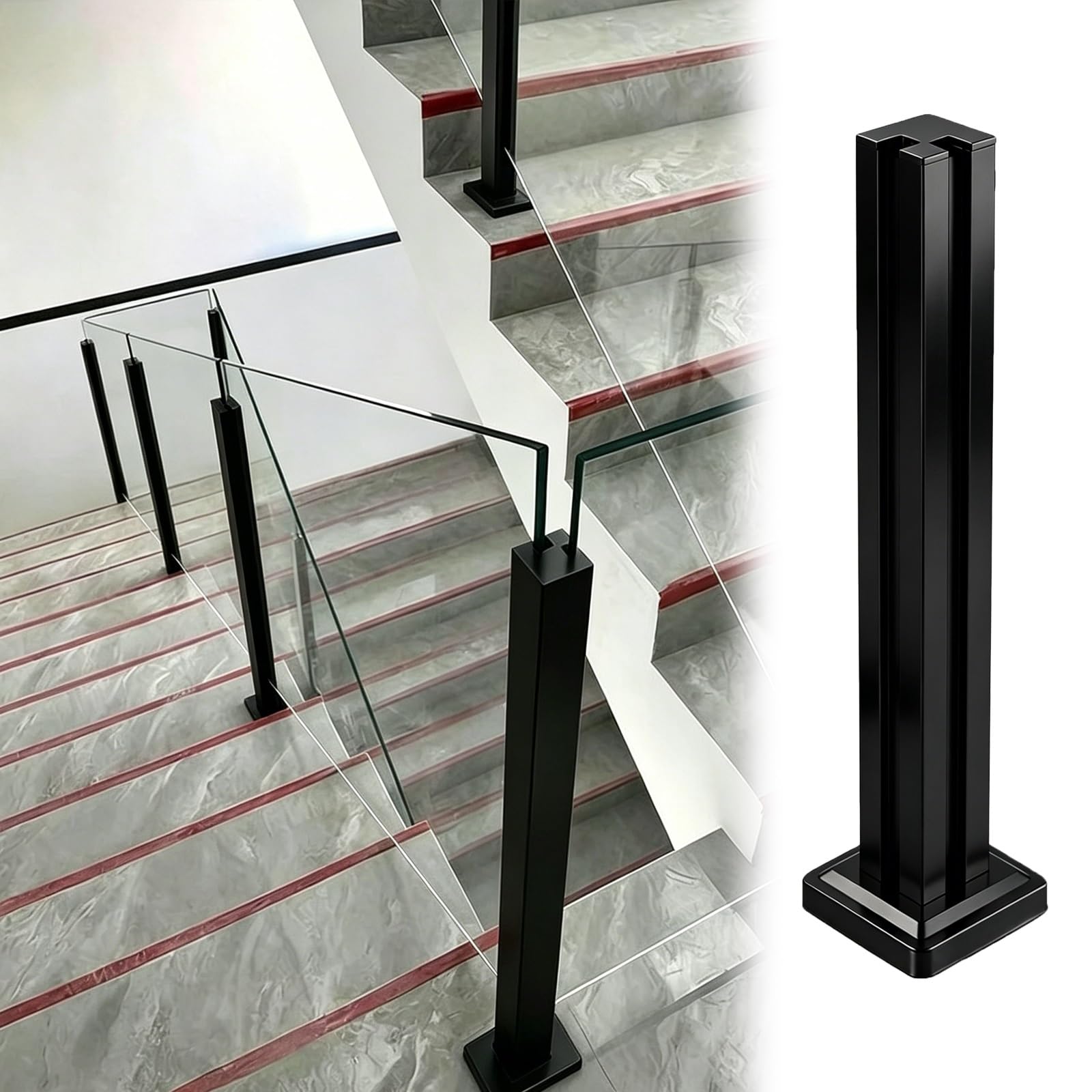 ZJKXJH Indoor Outdoor Glass Railing Post for Stairs, Frameless Panel Baluster Post for Patios/Balconies/Rooftop Terraces, No Drill In Glass(Corner Post-Black,H-43.3"/110cm)