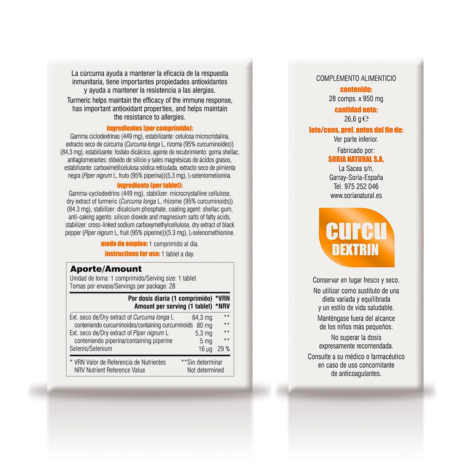 Soria Natural CurcuDextrin - Extracto de Cúrcuma Dextrinada y Pimienta Negra, Máxima Absorción - Sistema immune, Antiinflamatorio Natural, Síndrome Premenstrual - PACK1
