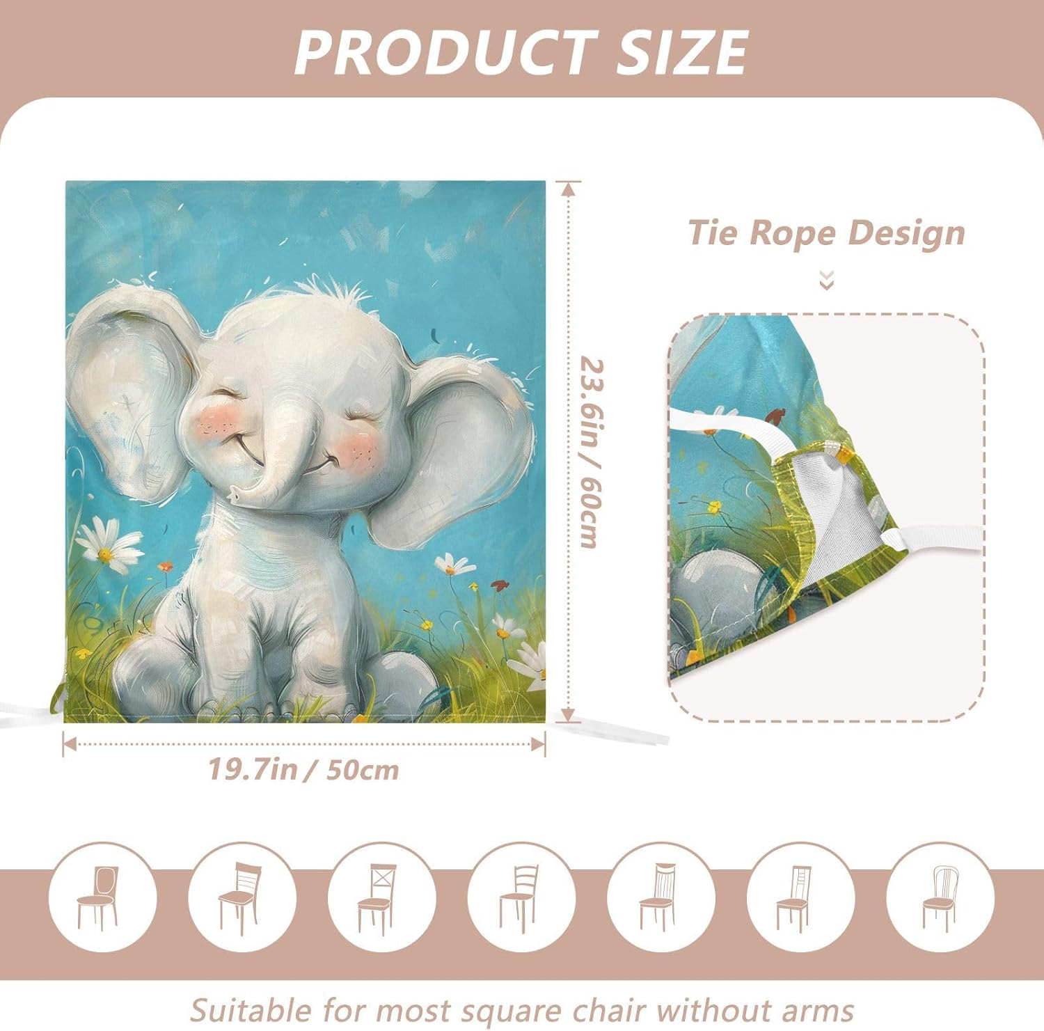 ALAZA Cute Elephant Sit on The Grass Chair Back Cover Set of 6, Washable Reusable Removable Chair Slipcovers Decorative Chair Cover for Home Kitchen Wedding Party