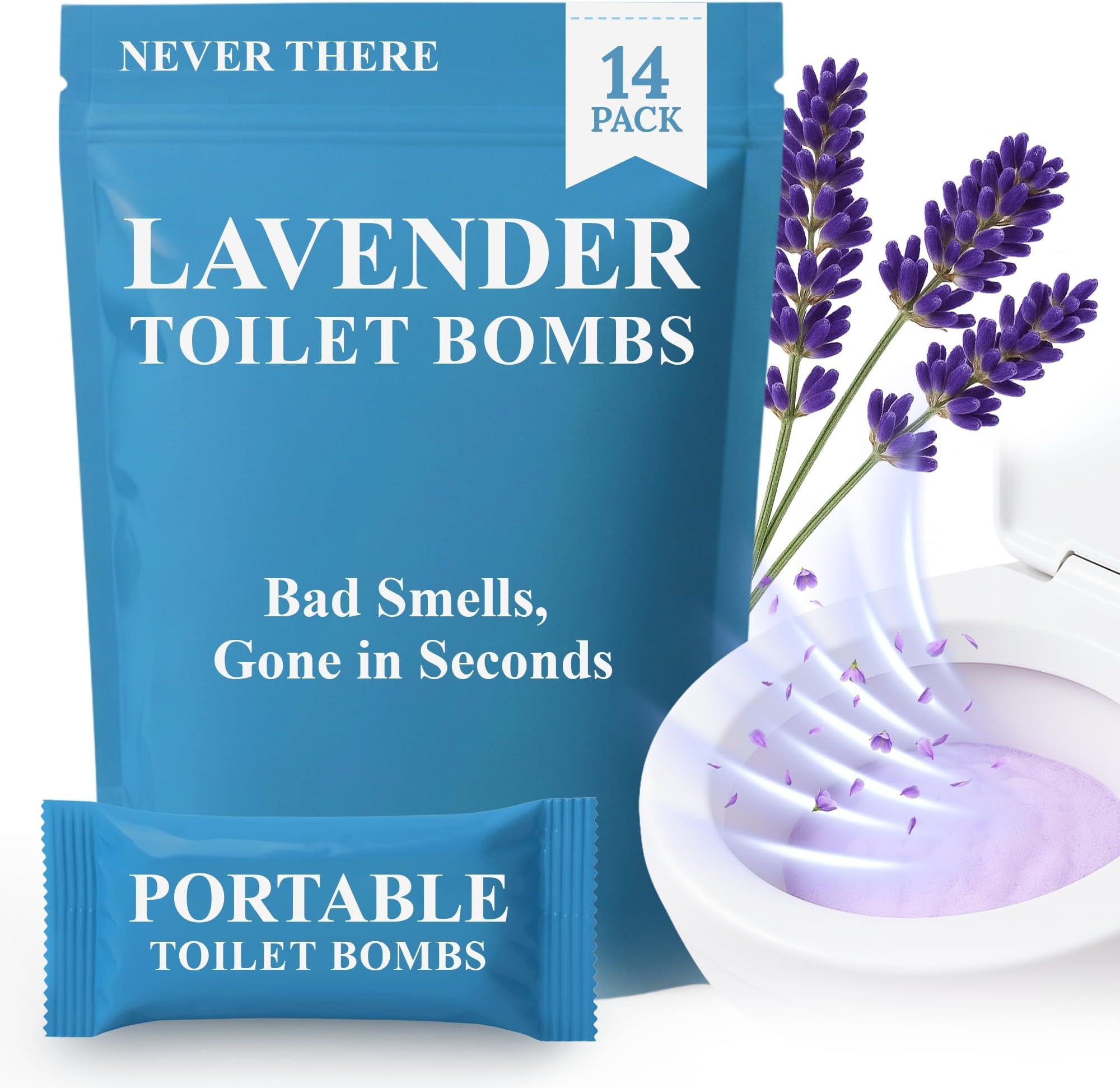 Never There Toilet Foam Bombs - 14 Count Discreet & Portable Lavender Scent Foaming Powder | On-The-Go Toilet Refresher for Bathroom Anxiety | Instantly Eliminates Odor, Sound & Stains