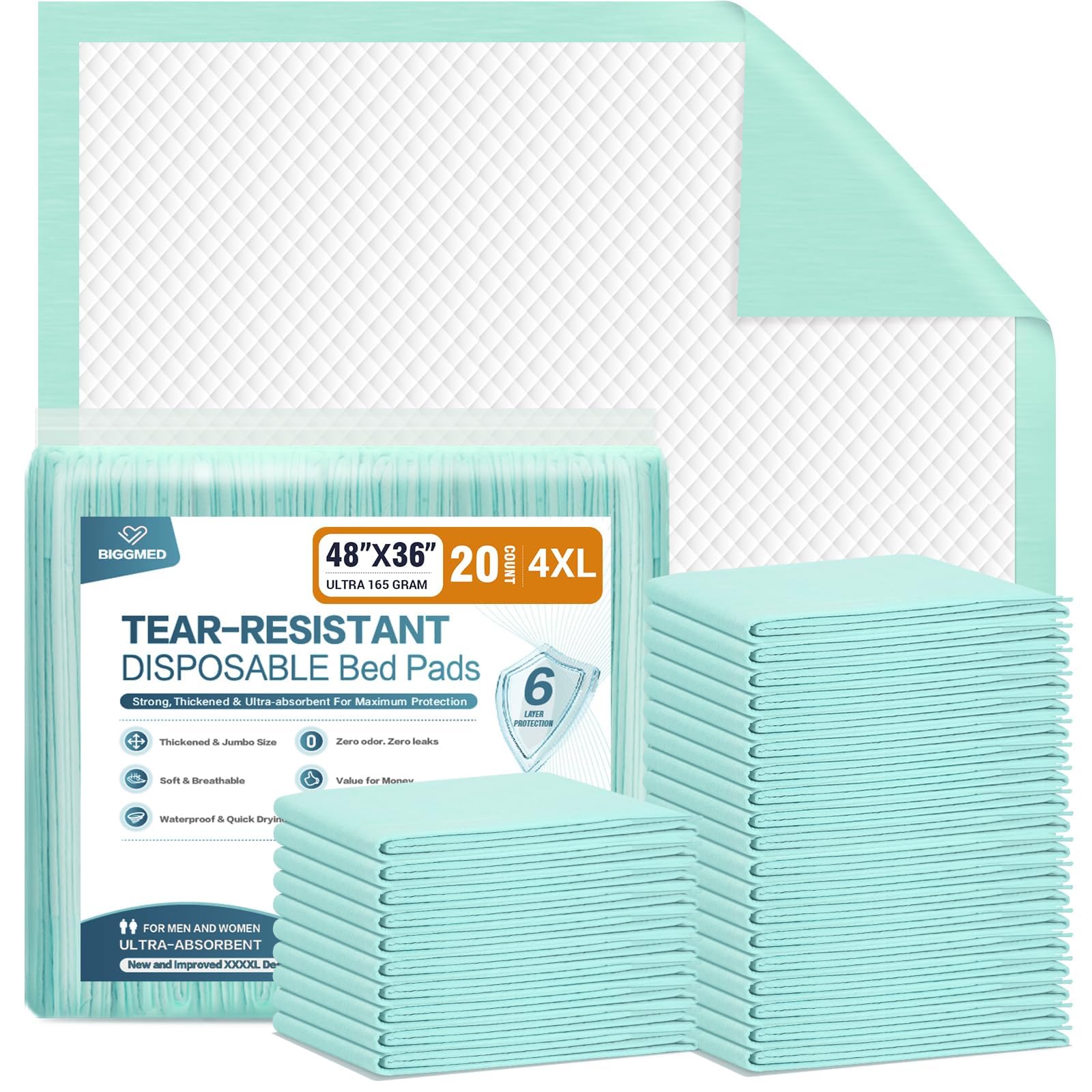 BIGGMED Reißfeste Einweg-Betteinlagen, 121,9 x 91,4 cm, 20 Stück, extra große Inkontinenz-Betteinlagen, strapazierfähige Saugfähigkeit, Chux-Pads für Erwachsene, ältere Menschen, Welpenunterlagen für