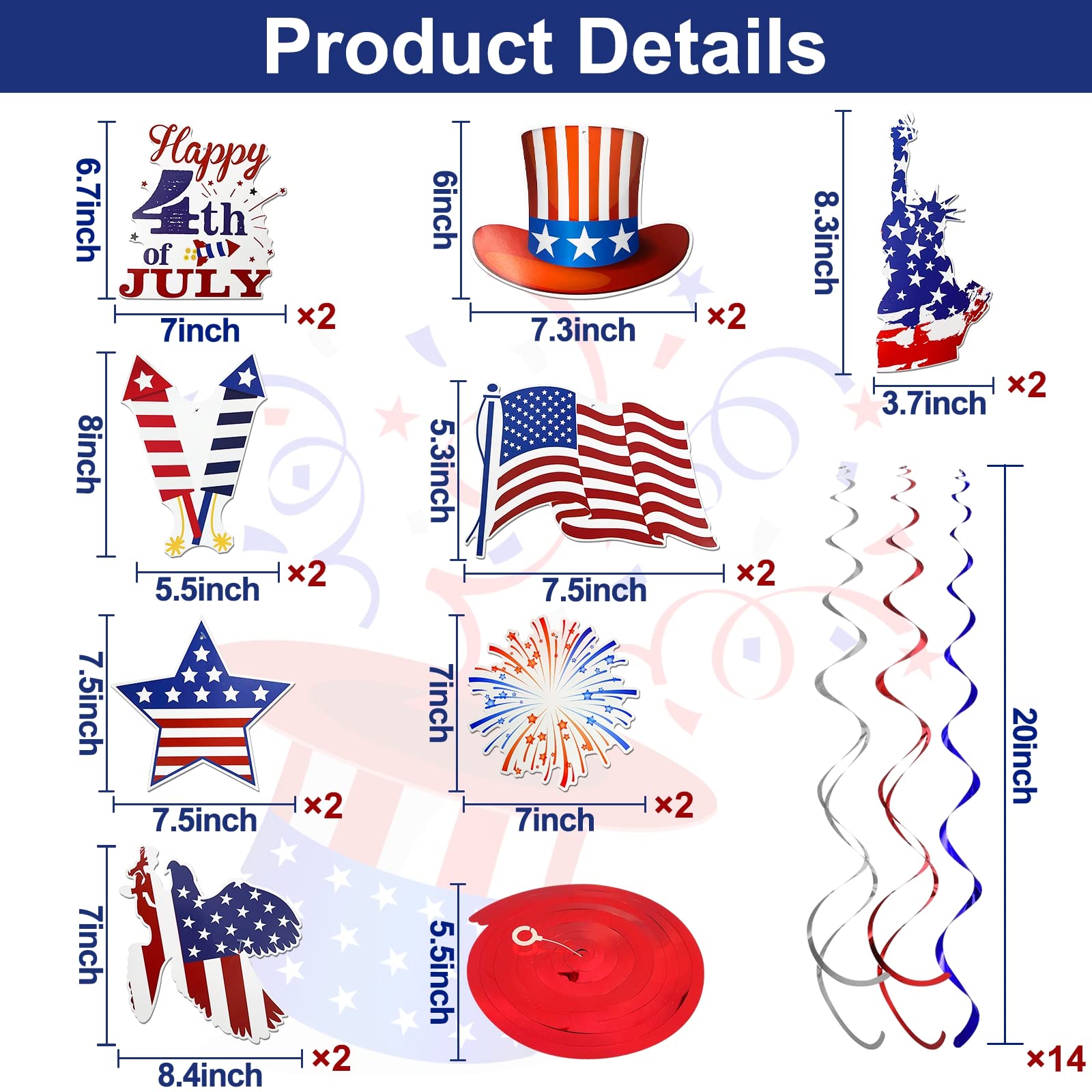 TURNMEON 30 Pcs 4th of July Decorations Fourth of July Party Supplies Red White Blue Decoration American Flag Stars Hanging Swirls Patriotic Party Favors USA Flag Bunting Independence Day Decor