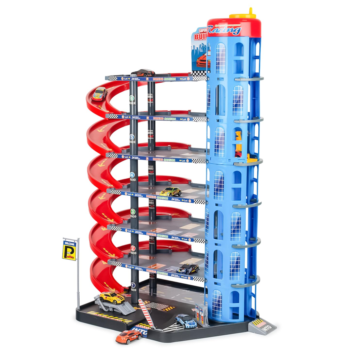 CELMAN Juego de Aparcamiento para niños – Multilevel Coche de Juguete Aparcamiento con Ascensor Manual Incluye 8 Coches de Metal, helicóptero y Accesorios, Juguete para niños a Partir de 3, 4, 5, 6,