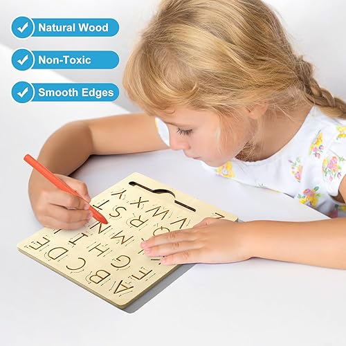 Miniatura 4 de Tabla de práctica de letras de madera, tabla de trazado reutilizable del alfabeto de escritura a mano de doble cara para niños pequeños y regalos