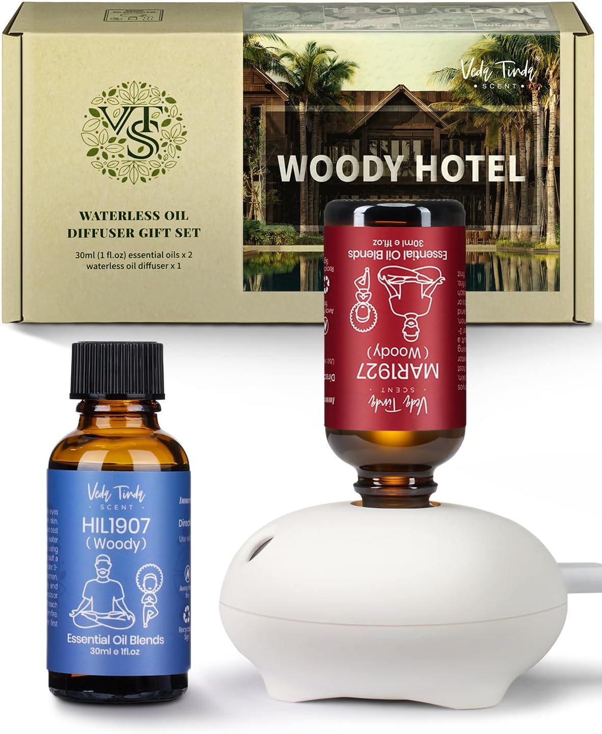 VTS Hotel Scent Essential Oils with Waterless Diffuser Set, Luxury Hotel Fragrance Oils Gift Kits for Women Men Mom Couples Friends (1 FL OZ Woody Hotel Diffuser Oil x 2 & Portable Diffuser)