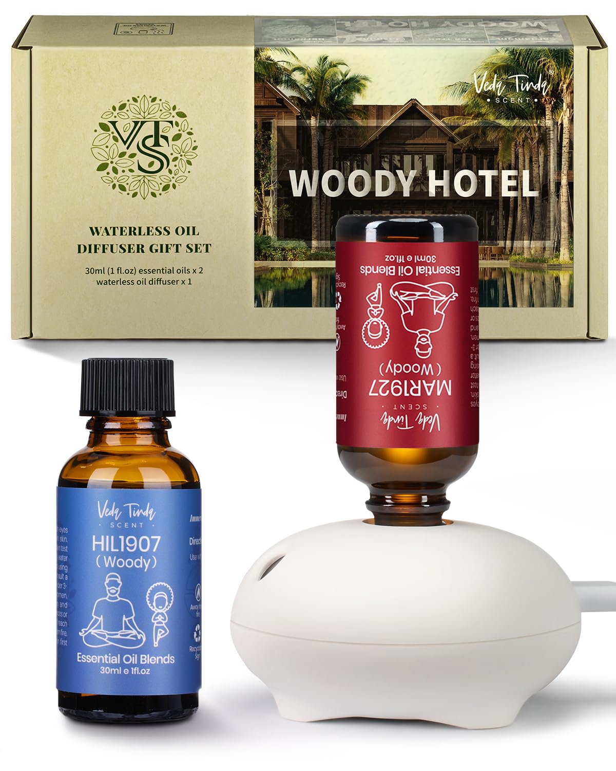 VTS Hotel Scent Essential Oils with Waterless Diffuser Set, Luxury Hotel Fragrance Oils Gift Kits for Women Men Mom Couples Friends (1 FL OZ Woody Hotel Diffuser Oil x 2 & Portable Diffuser)