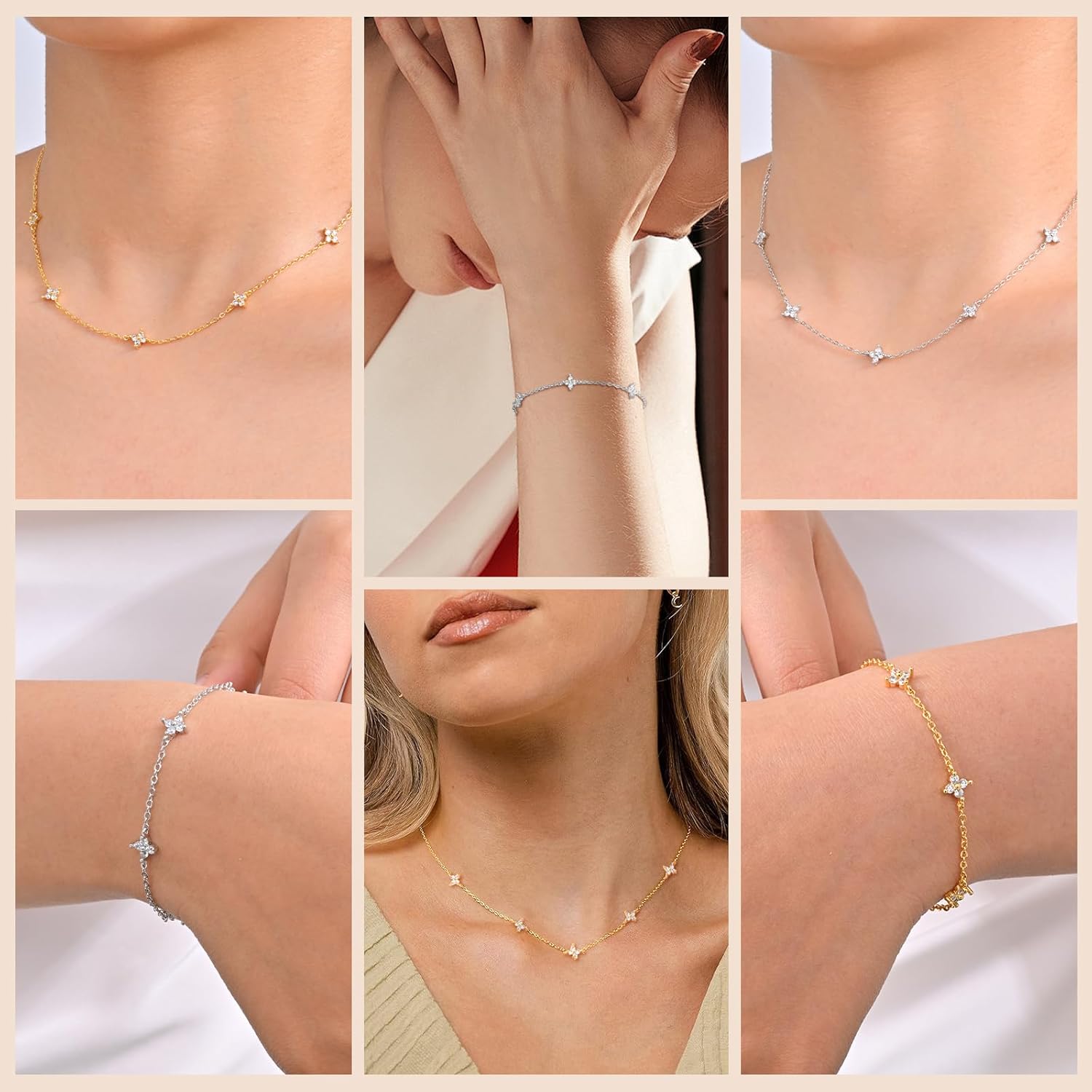 Kamise Sieradenset voor dames, zilver, 925 sterling zilver, klaverhalsketting, oorstekers, armbandset, hanger met 45 cm zilveren ketting & oorbellen & armband met blauwe zirkonia, sieradenset met geschenkdoos, zirkonia