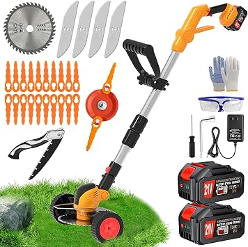 Electric Weed Wacker Cordless Weed Eater 21V Battery Powered, String Trimmer Battery Operated, 3 in 1 Grass Trimmer/Brush Cutter/Lawn Edger/Mower with Metal Blades & Wheels for Garden Yard