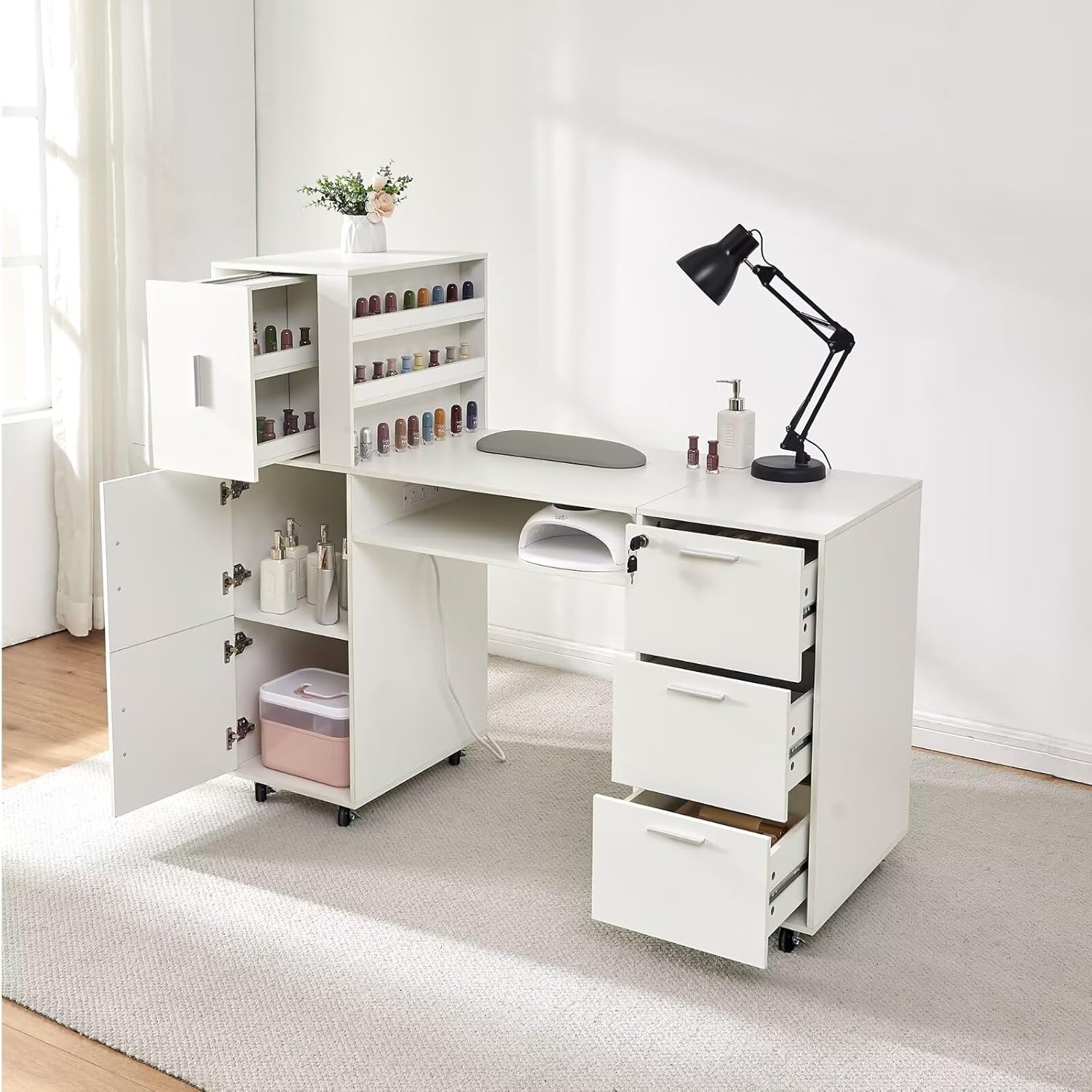 Pekdi Nail Desk for Nail Tech, Professional Manicure Table Nail Station with Power Outlets,Storage Drawers & Cabinet for Beauty Salon, Spa & Home Workstation