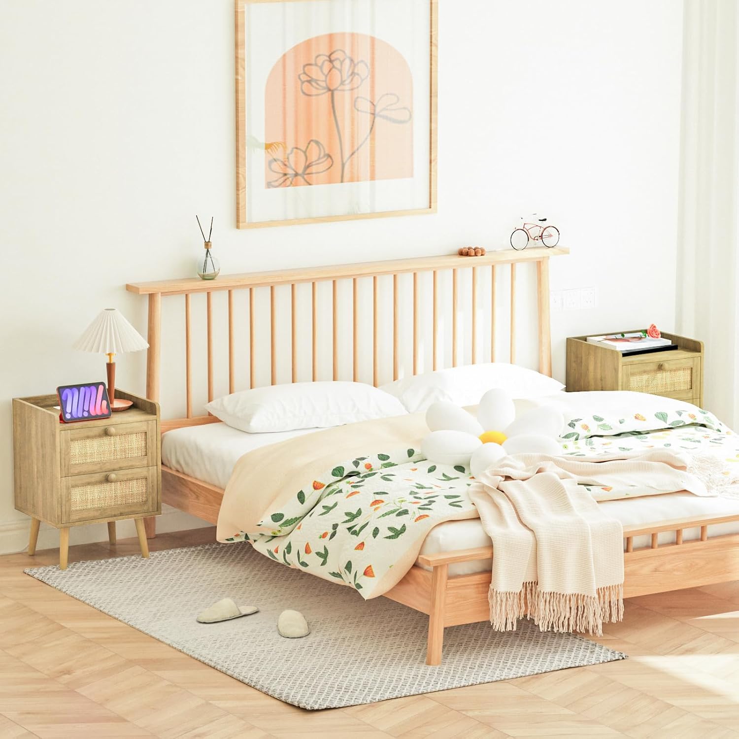 HUANLEGO Rattan Nightstand with Charging Station Set of 2, Rattan Boho End Table with 2 Drawers Bedroom Bedside Side Tables Natural Night Stand for Living Room,Bedroom,Dorm Room Essentials